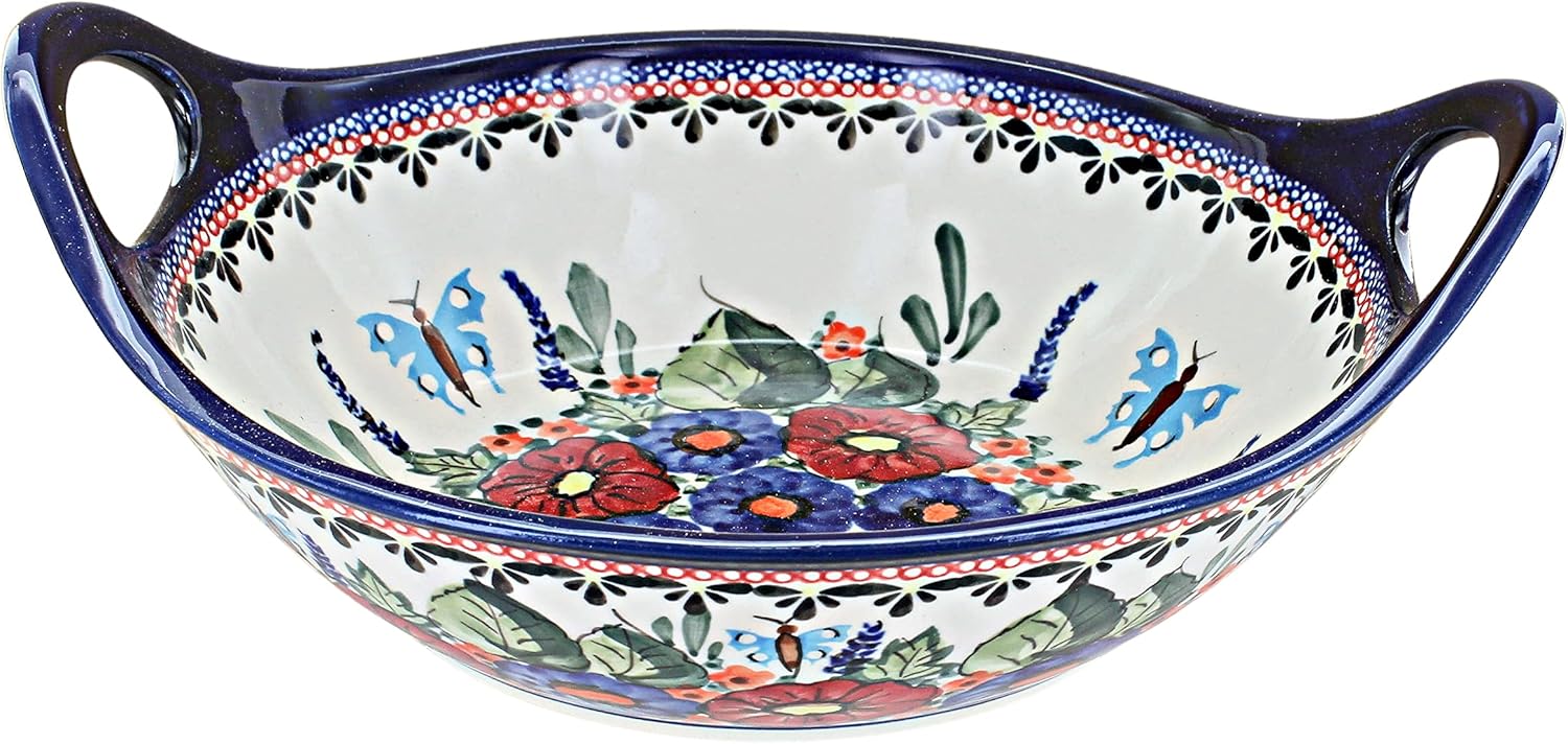 Blue Rose Polish Pottery - Green Porcelain Vine Small Bowl with Handles - 8.5" Diameter - Perfect Bowl for Salad, Bread, or any Side Dish
