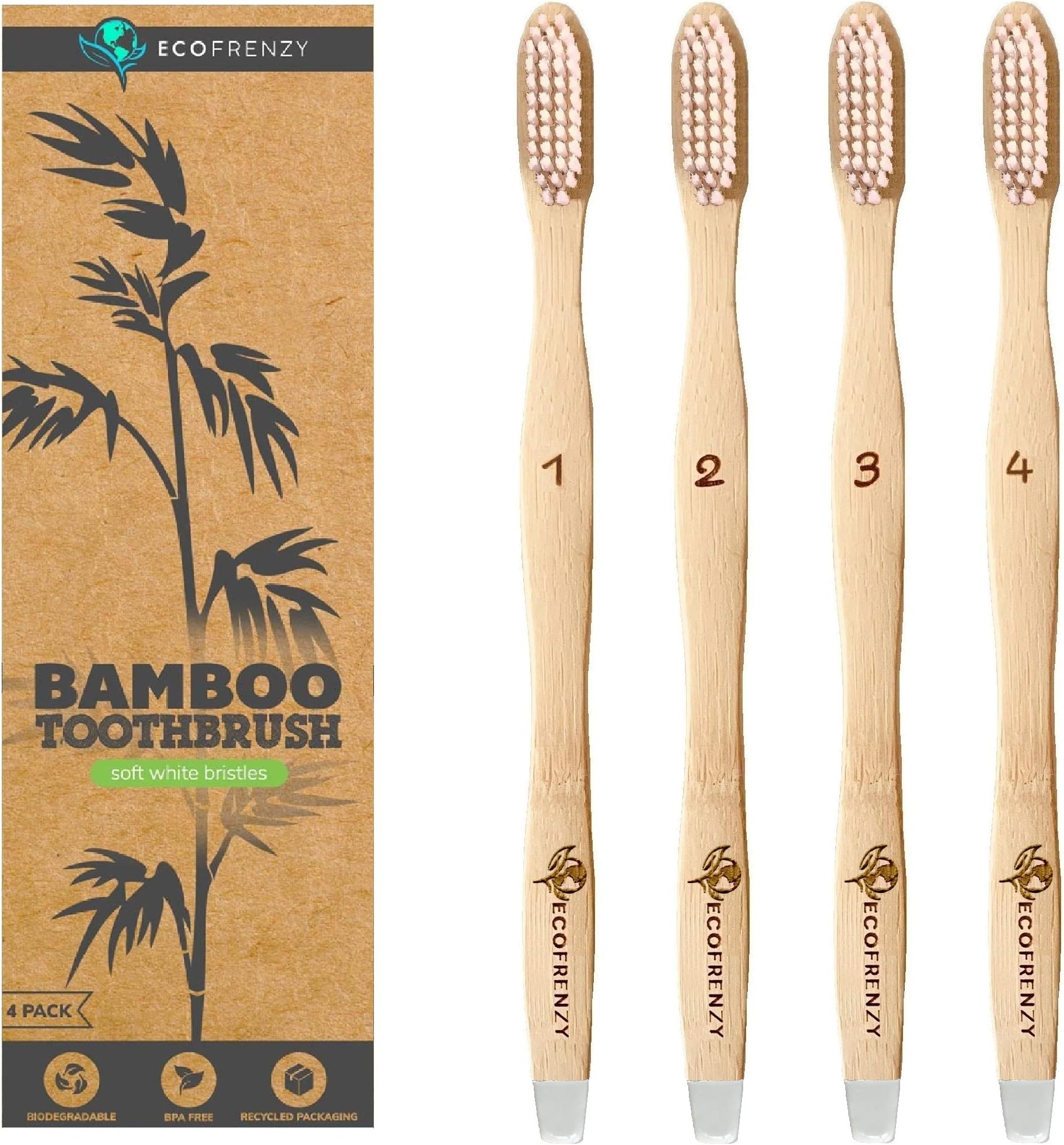 EcoFrenzy - Bamboo Toothbrush: Soft BPA Free Bristles, Biodegradable (Pack of 8).