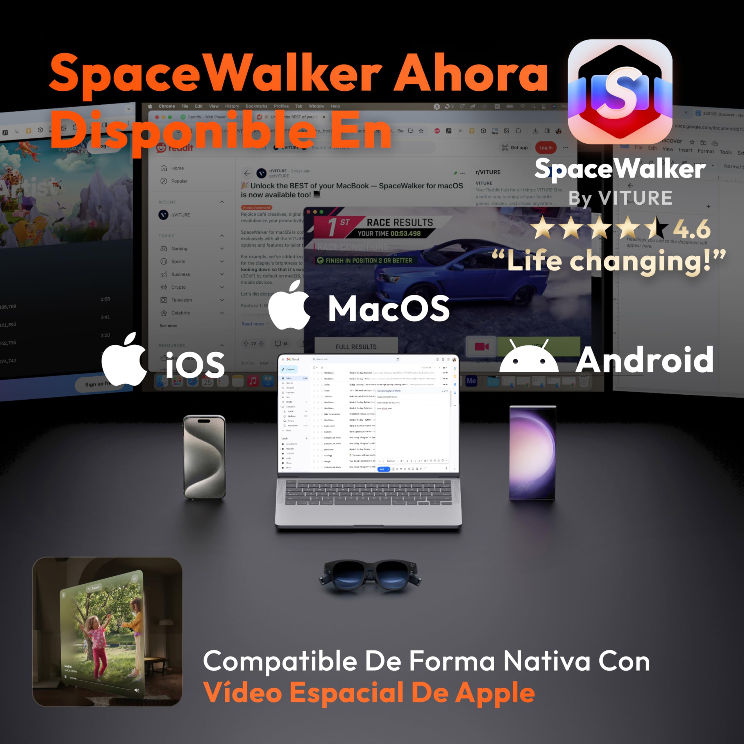 VITURE One Lite XR Gafas 120" Full HD, Sonido Harman, Apto para iPhone 16/15 (Soporte de vídeo Espacial), Steam Deck/ROG Ally/Consolas de Juegos/PC/Android (Jet Black)