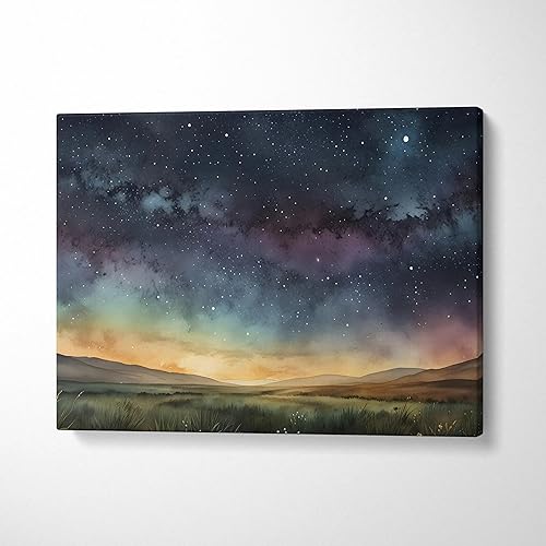 Watercolor Starry Night Sky Over A Tranquil Horizon With Aurora