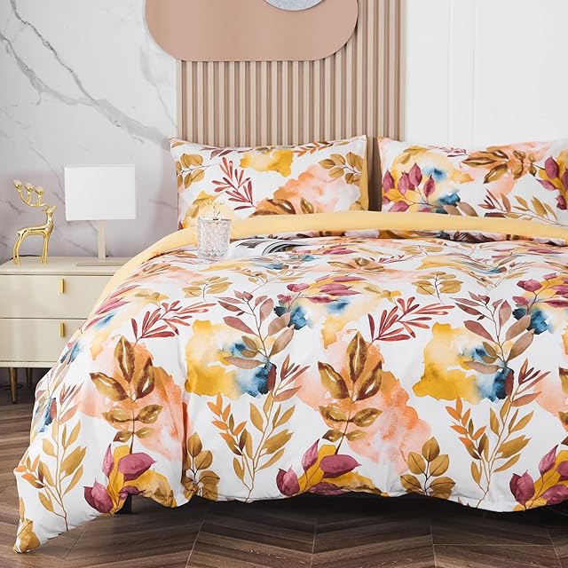 Floral Duvet Cover Set Autumn Tree Branches and Leaves Pattern, Double Size Microfiber Colorful Soft Farmhouse Bed Bedding Sets Quilt Covers with Zipper Closure and Pillowcases Mustard Yellow