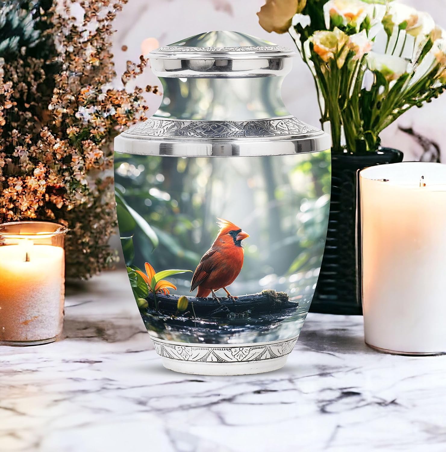 Cardinal Bird Urn Ashes, Pack of 3 (10 Inch Urn with 3 Inch Urn, Set of 2), Cat Urns for Ashes, Urns for Human Ashes Adult Man, Gray Urn, Cremation Urns for Human Ashes, Keepsake Urn