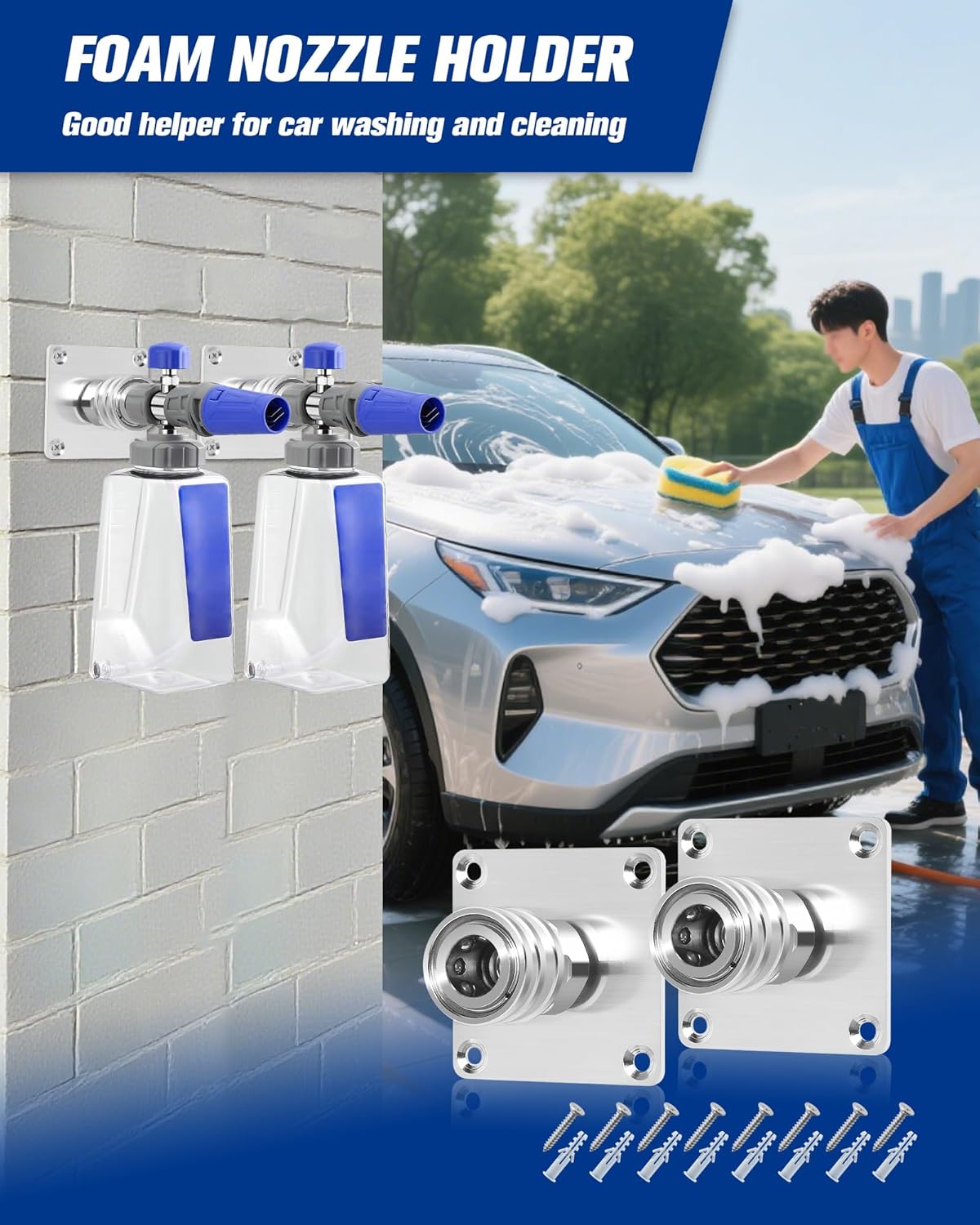 Foam Cannon Holder 2 Pack, Stainless Steel Foam Cannon Wall Mount with 1/4" Quick Connect, Pressure Washer Tip Holder for Garage, Heavy-Duty Foam Cannon Mount with Screws & 3M Adhesive Pads