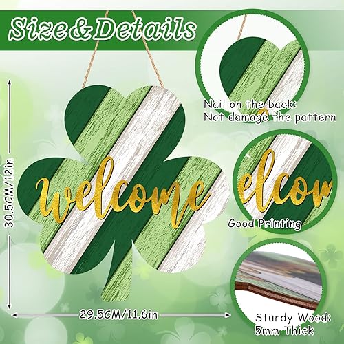 Miniatura 2 de Whaline Letrero colgante de madera irlandesa para puerta del día de San Patricio, tablero de bienvenida con forma de trébol, letrero colgante de