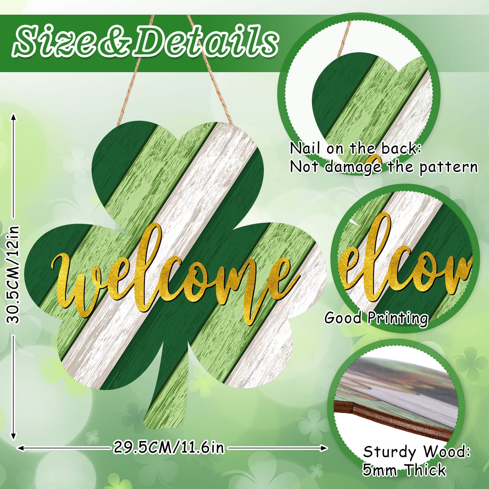 Whaline St. Patrick's Day Door Sign Wooden Irish Hanging Welcome Board Shamrock Shaped Wooden Hanging Sign for Holiday Farmhouse Home Indoor Outdoor Window Decoration, 11.6 x 12 inch