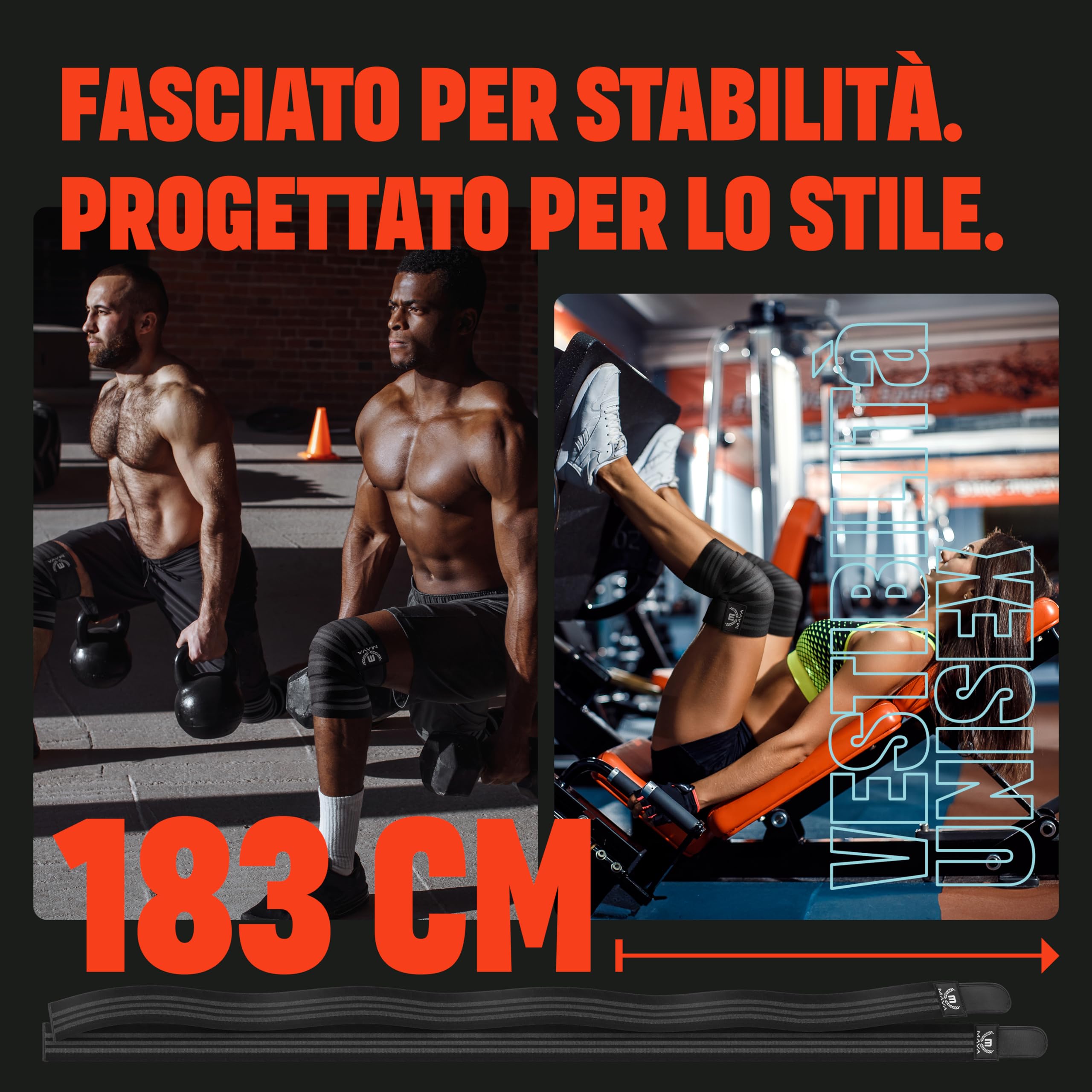 Mava Fasce per Ginocchia (Coppia) per Uomini e Donne - Ginocchiera Sportiva ed Elastica per Palestra - Compressione da 183 cm