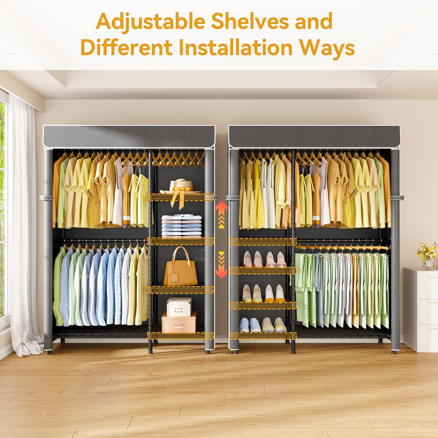 ULIFHOME F2C Clothes Rack with Cover, Clothing Racks for Hanging Clothes, Heavy Duty Garment Rack with Shelves and Hanger Rods, Black Closet with Dark Gray Cover, 47.2"W x 16.5"D x 78.3"H, Load 630lbs