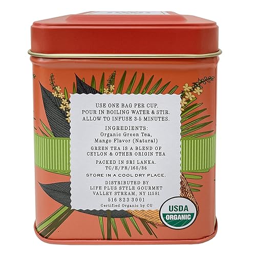 Té verde de mango de Ceilán orgánico – 50 paquetes – Bolsas de té de hojas de hierbas naturales ricas en antioxidantes – Certificado USDA 100% sin