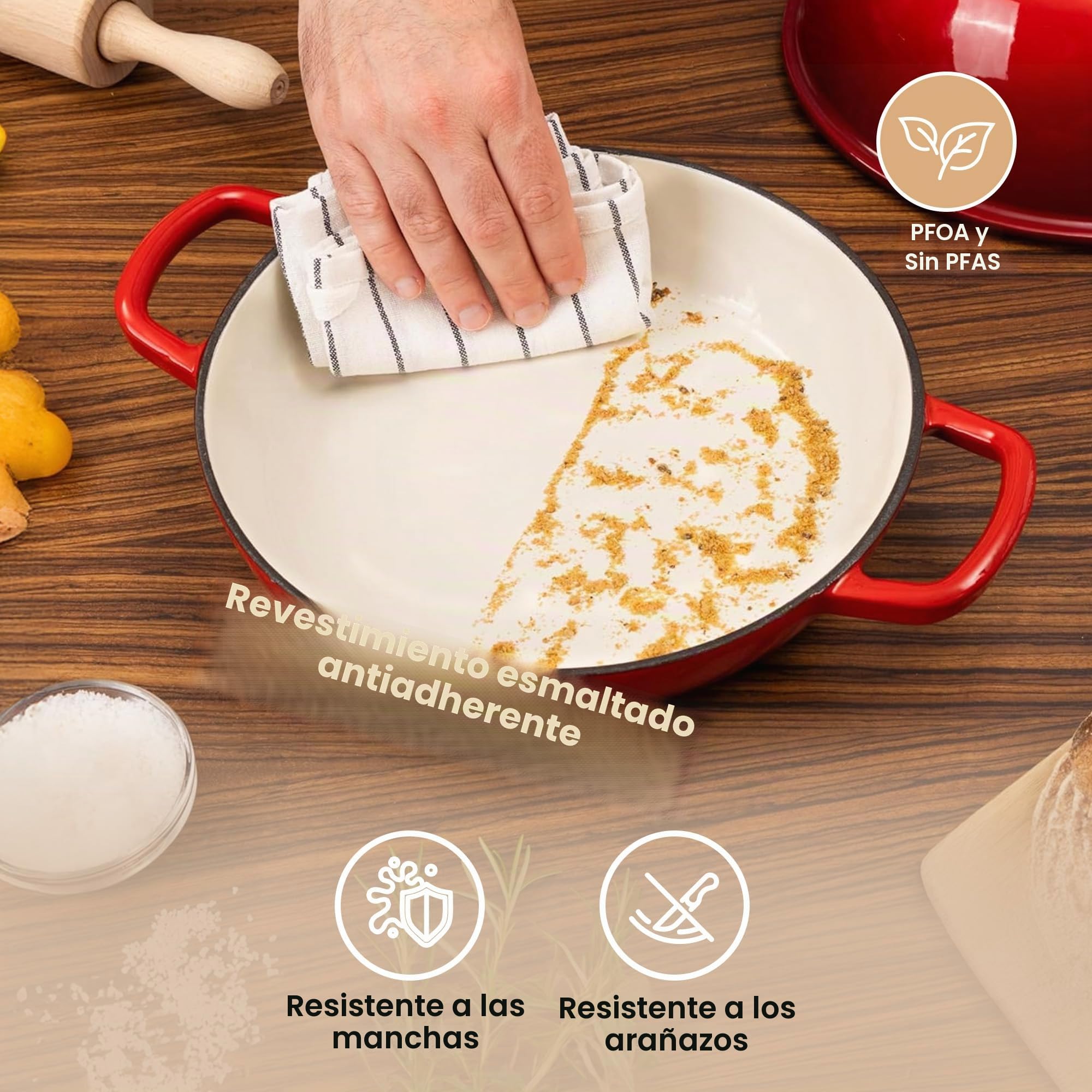 Olla Holandesa de Hierro Fundido Esmaltado – Cazuela para Hornear Pan de Masa Madre – Olla de Pan – Rojo, 5.7L, 22cm – by Nuovva