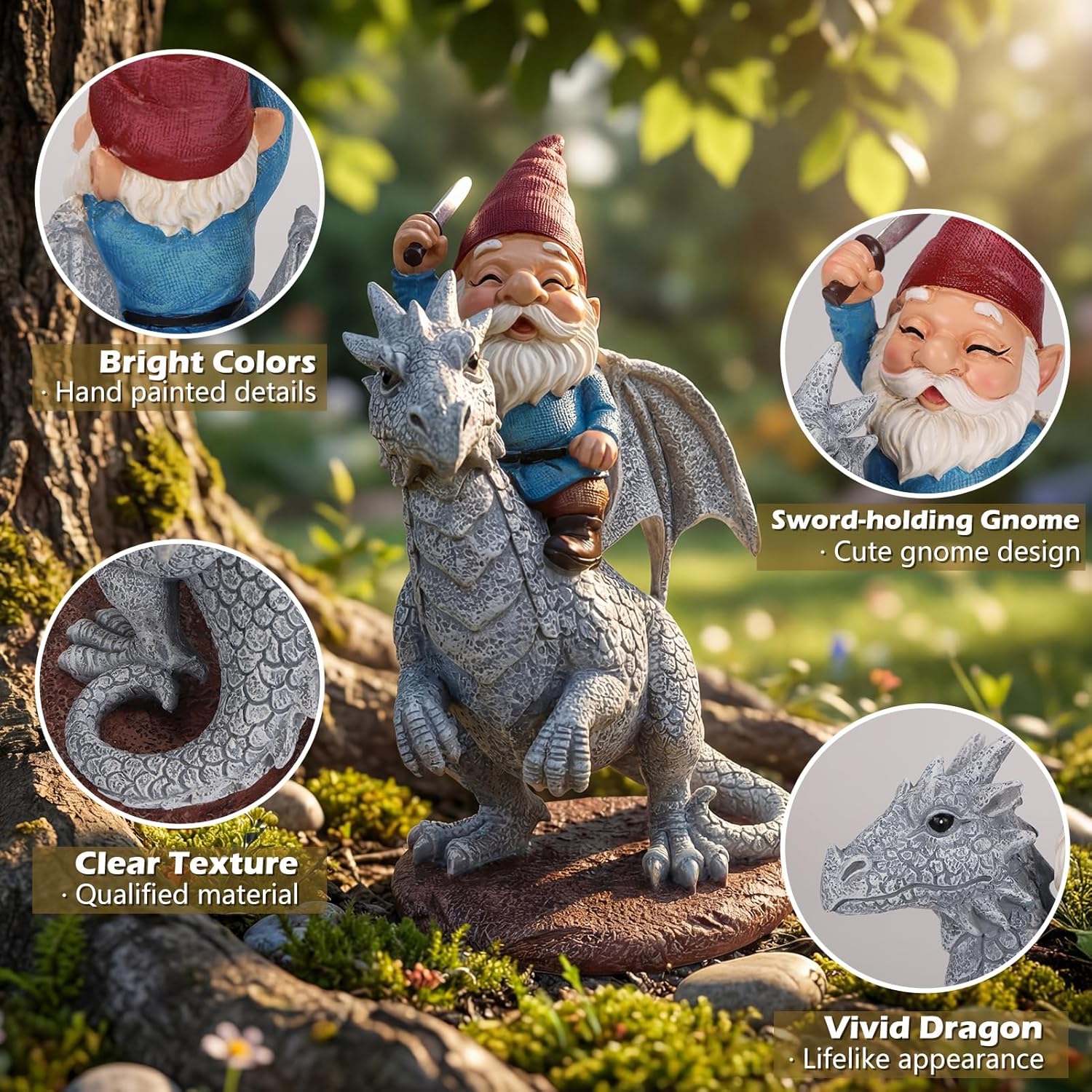 EXYGLO Gnome Garden Decor Statue, 9.7" Gnome Riding Dragon Outdoor Funny Decoration for Lawn, Patio, Yard, and Unique Housewarming, Birthday Ornament Gift for Boys, Friend, Family