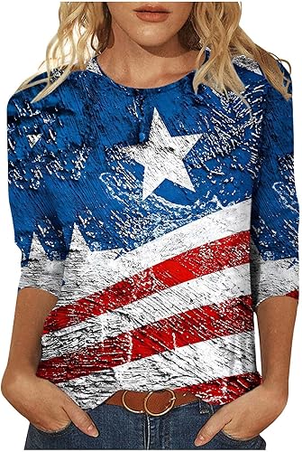 American Flag Print Shirt Tops Women 4th of July Independence Day Summer V Neck 34 Sleeves Tops