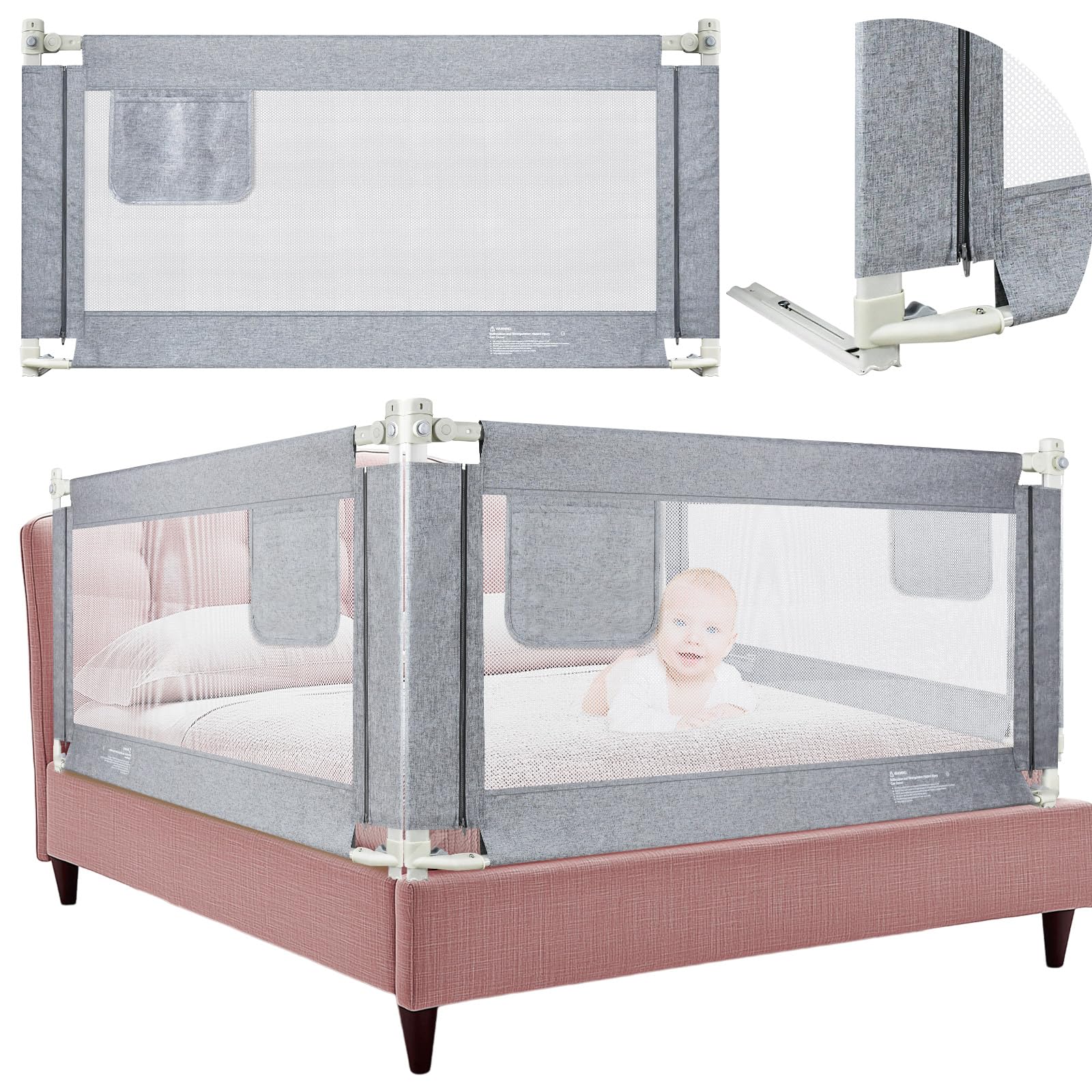 barrière de lit 70-93cm – modèle Vertical à Hauteur réglable 28 Niveaux, Longueur 180cm, pour Matelas Jusqu’à 30cm, Fixation Simple par Sangle en Y