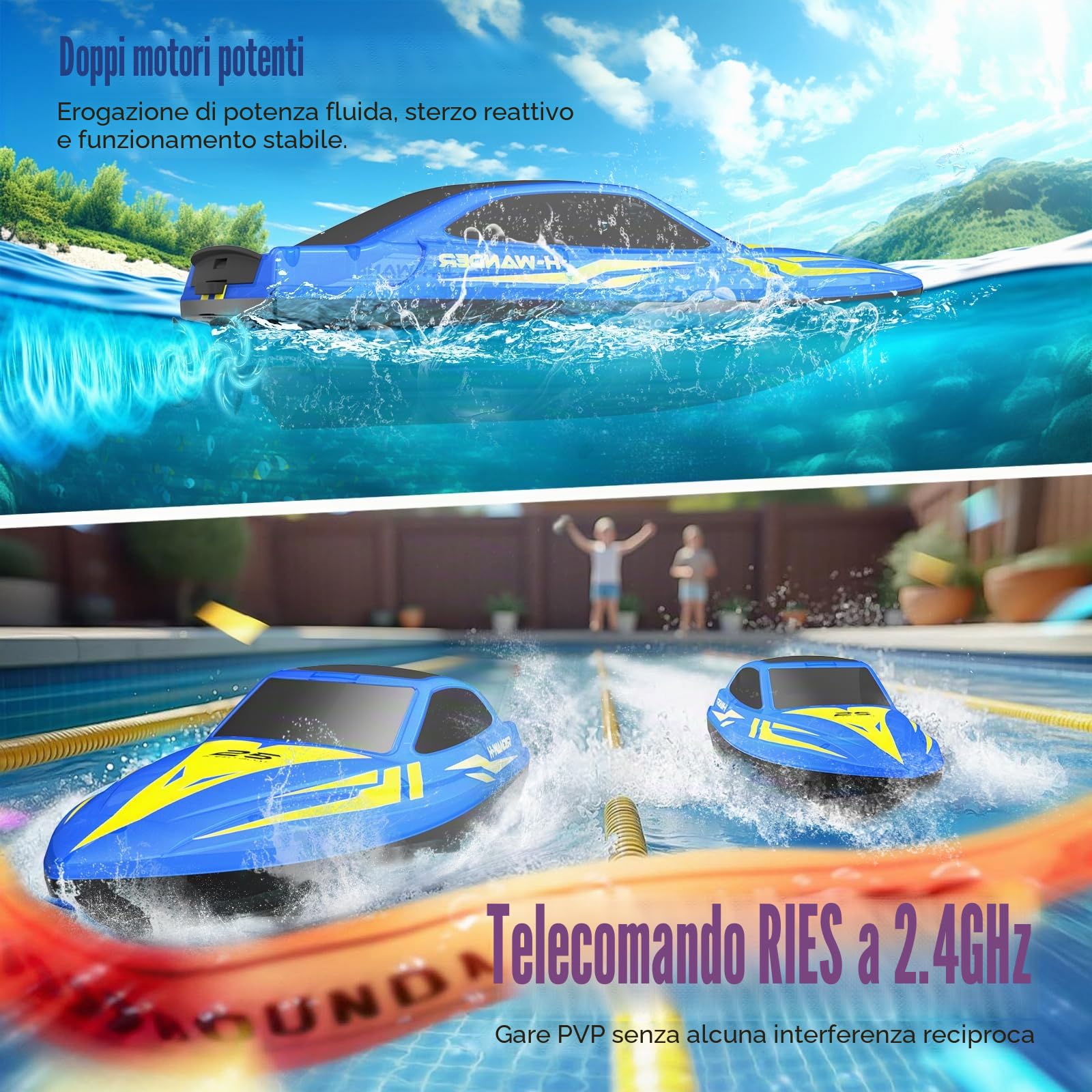 WUQNGI Barca Telecomandata Professionale con Telecomando 2.4GHz, Motoscafo Radiocomandato LED per Bambini e Adulti, RC Boat Barchetta Alta Velocità, 2 Batterie per 120 Min, Regalo per Piscine e Laghi