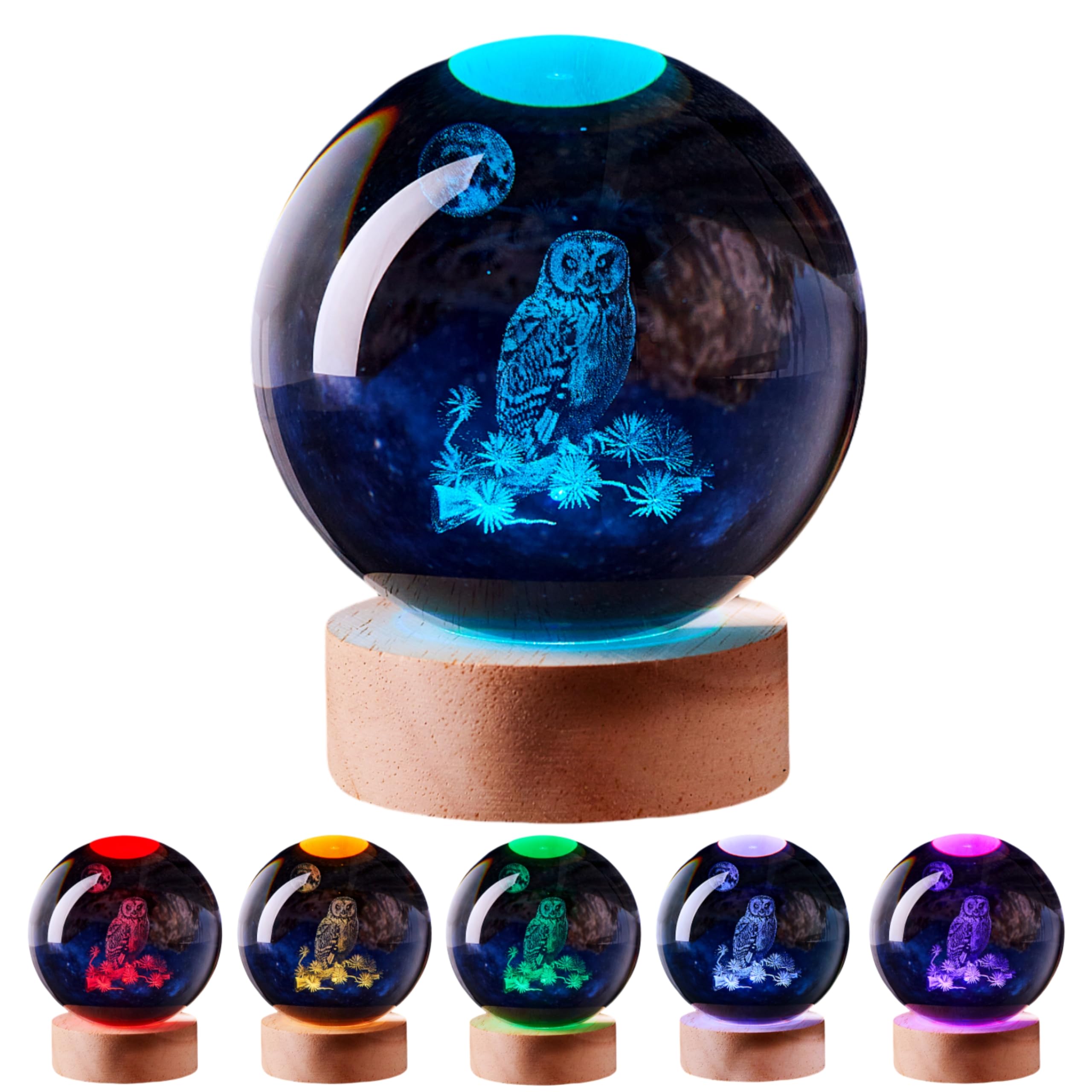 3D Large Owl Crystal Ball Night Light with Wooden Base, Owls Crystal Lamp Gift for Kids Wife Friends, 16 Color Changing with Remote Control, Laser Engraved 3.15 inch Glass Ball Lamp (Owl)