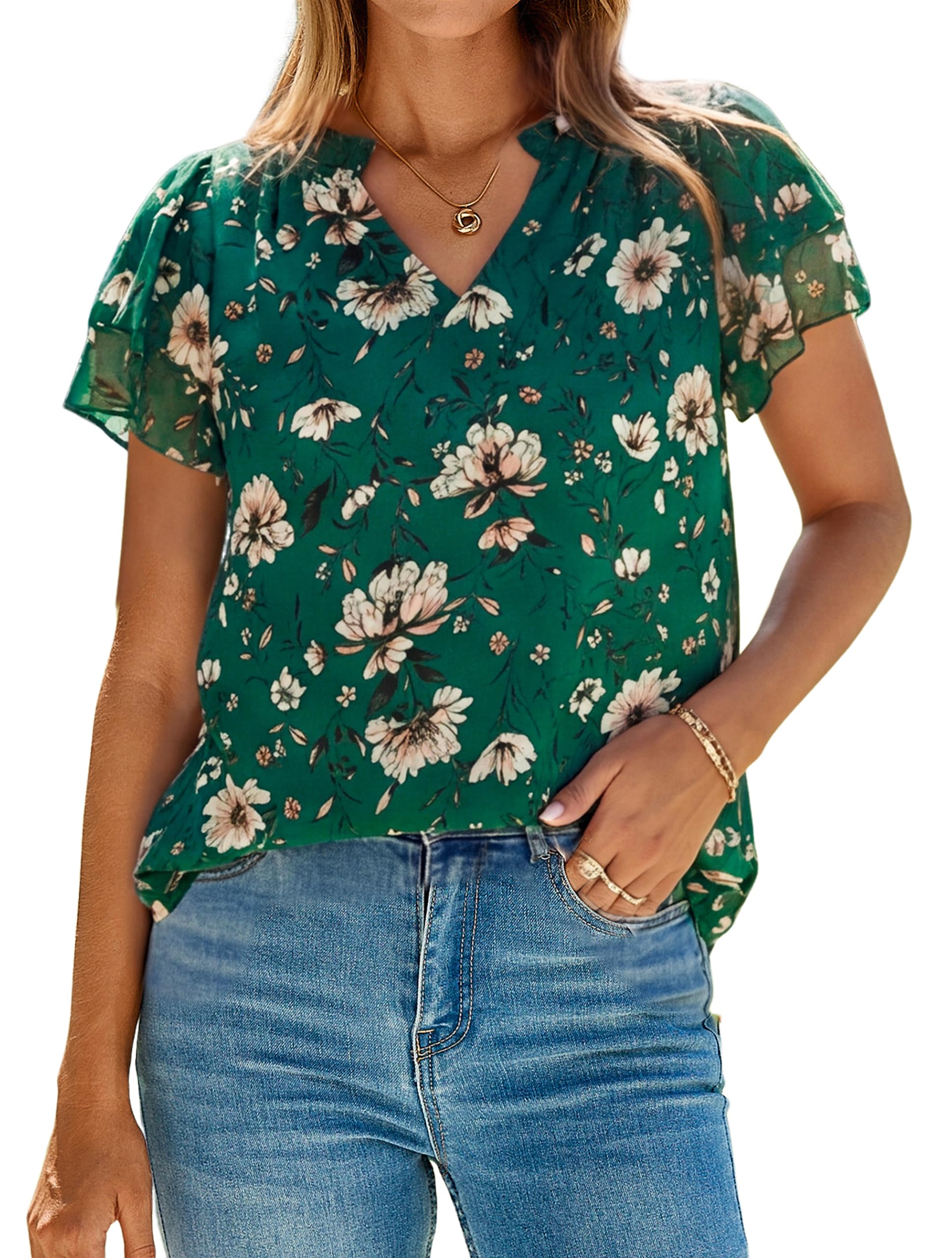 Simplee Women Dressy Casual Blouses Summer Chiffon Floral V Neck Bo...