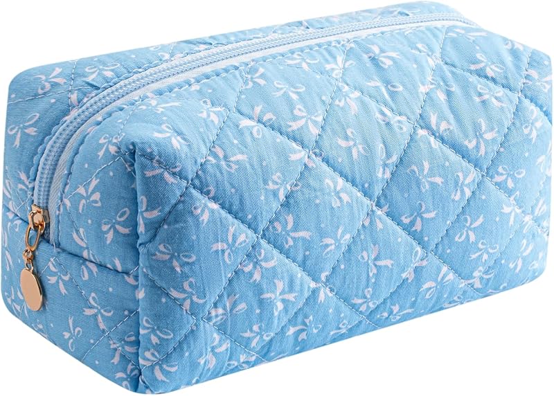 Necessaire de maquiagem floral WHHJM em algodão matelassê, azul