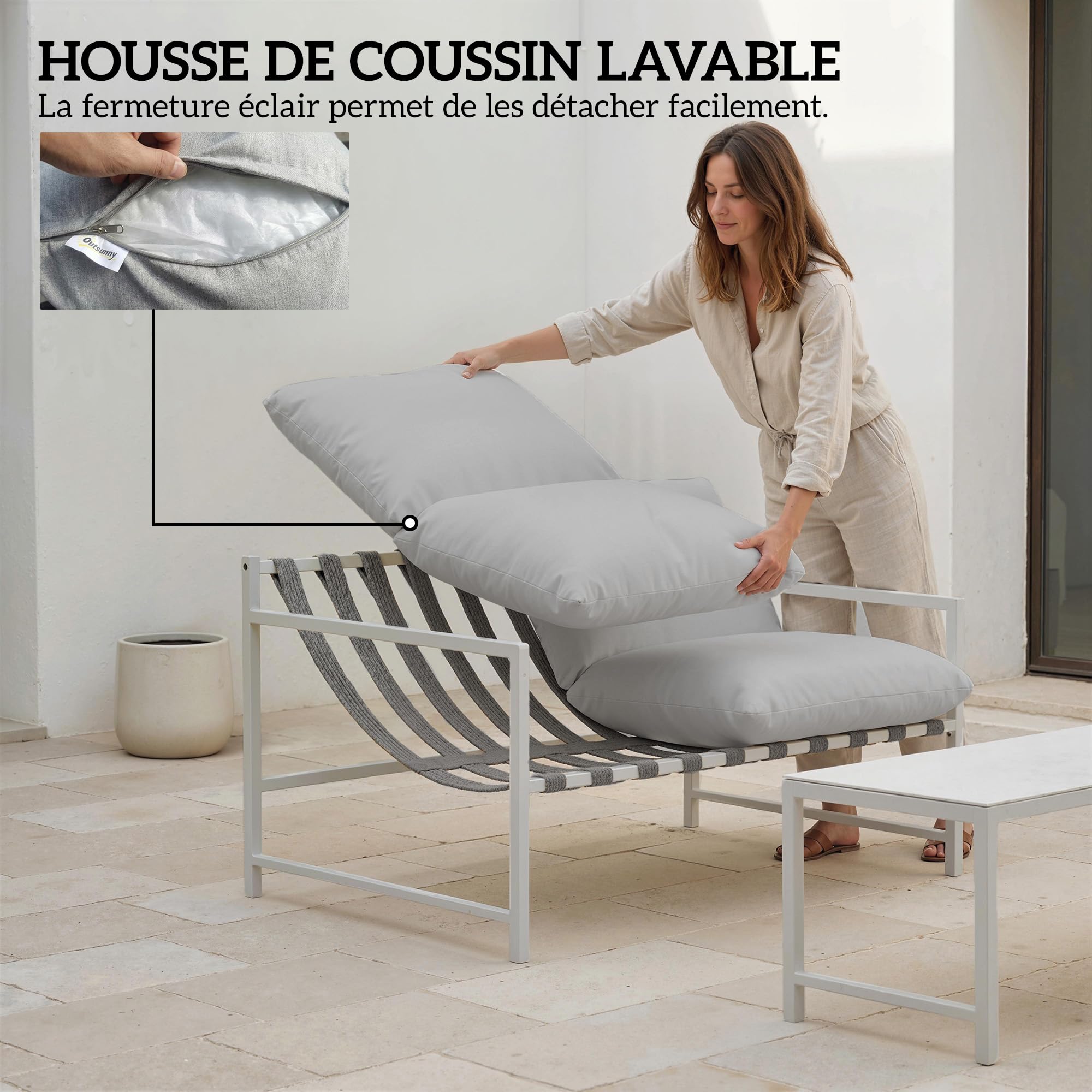 Outsunny Salon de Jardin Extérieur 2 Pièces, Canapé 2 Places avec 2 Coussins et Table Basse en Verre Trempé Marbré 3D, Mobilier de Jardin pour Terrasse Balcon Jardin, Acier, Gris Clair