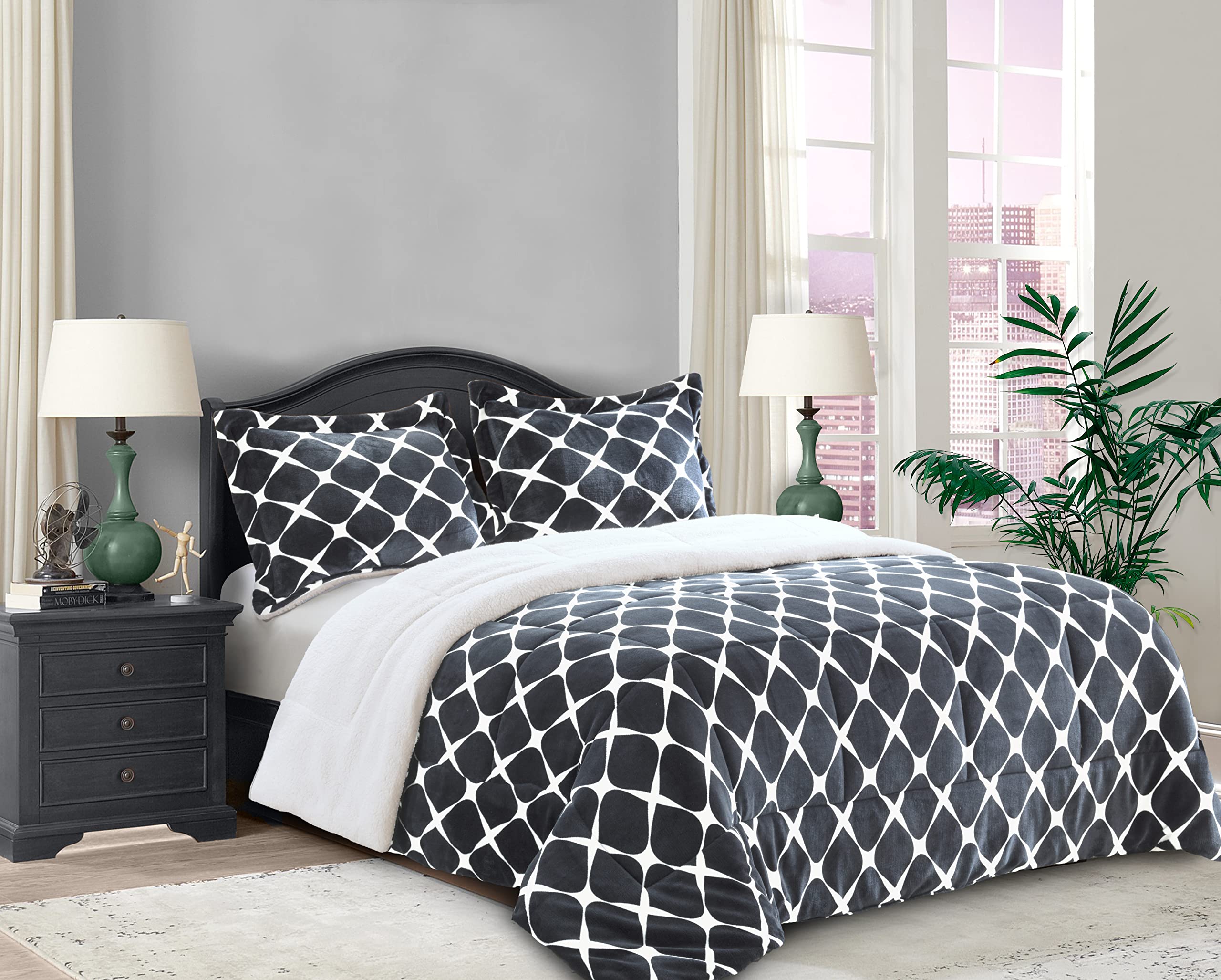 Elegant Comfort 3-Piece Luna Ogee Pattern Collection, Reversible Sherpa Comforter, Soft, Breathable & Cozy Fabric, Micro-Suede, Ogee Pattern Sherpa Comforter, Cal King, Charcoal Gray