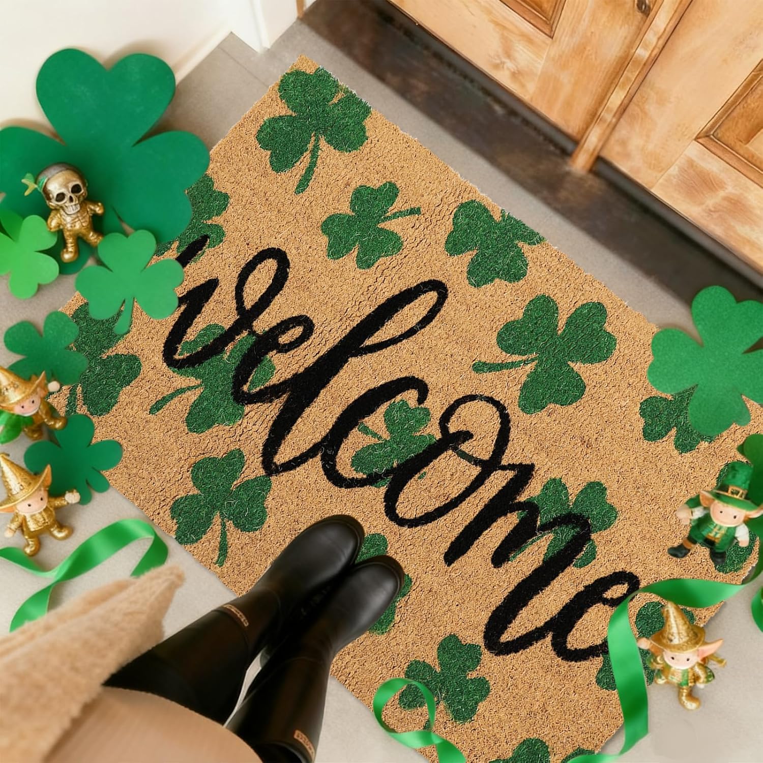 Whaline St. Patrick' s Day Doormat Natural Coir Welcome Floor Mat Green Shamrock Clover Rectangle Entrance Door Rug for Irish Indoor Outdoor Home Bathroom Decor, 16.5 x 29 Inch