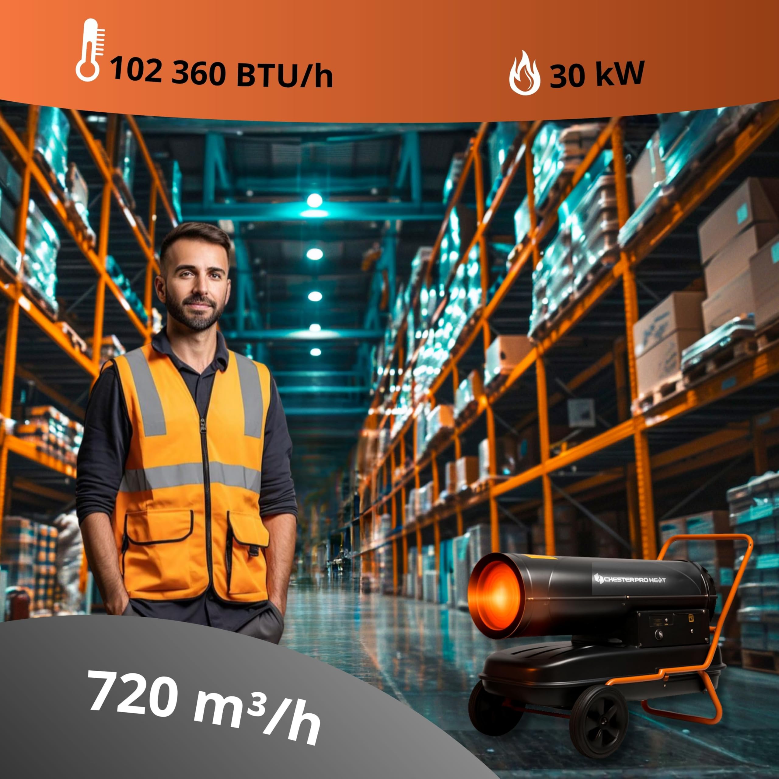 Canon à chaleur diesel 30 kW CHESTERPRO HEAT – puissant chauffage d’atelier – thermostat & roues