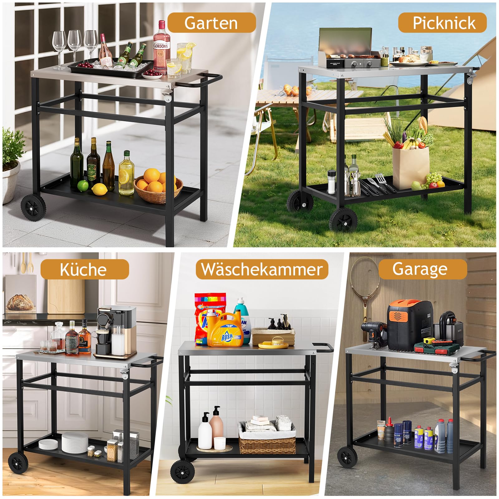 LEADZM Grillwagen - Grilltisch Outdoor, 95 x 45 x 83 cm, Schreibtisch aus Edelstahl Silber, Mit Rädern, mobil, Servierwagen für Gärten Schwarz