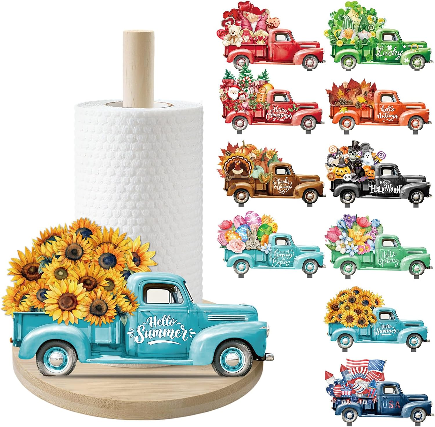 Interchangeable Paper Towel Holder Seasonal Freestanding Bamboo Paper Towel Holder with 10 Holiday Sign Countertop Decoration for Summer 4th of July Kitchen Home Bathroom (Truck)