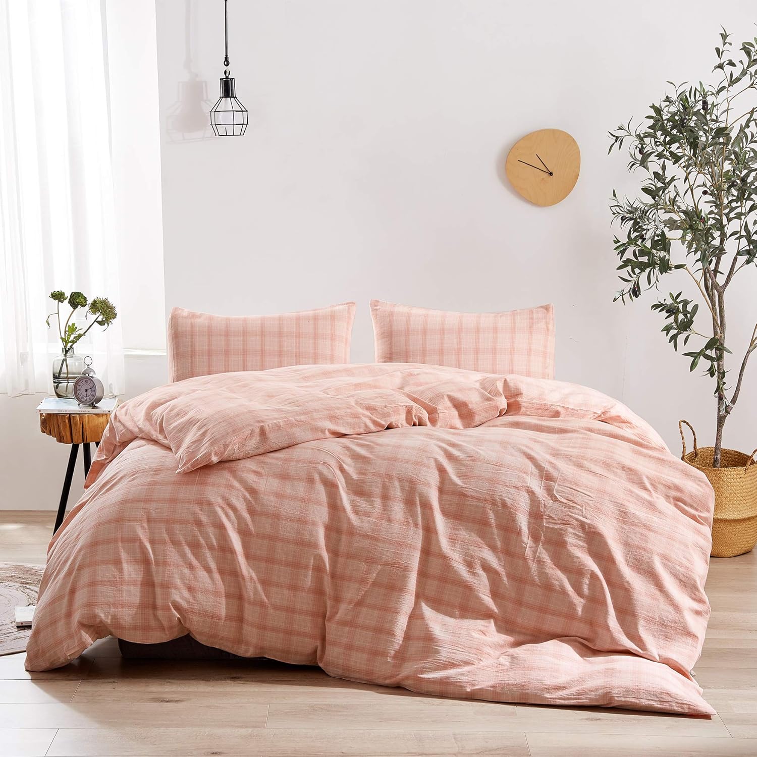Home Soft Things 100% Washed Cotton Duvet Cover 3 Piece Set, King 102" x 90", Camel Windowpane Check Plaid Bedding Set with Zipper Closure, Ultra Soft and Easy Care, 1 Duvet Cover 2 Pillow Shams