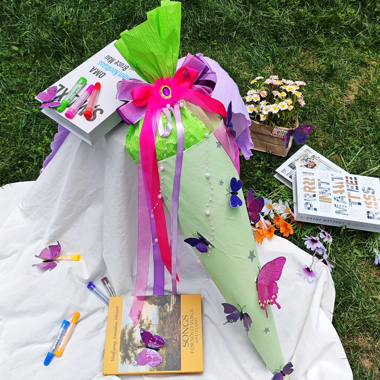 Fiocco Farfalla Viola Per Rientro A Scuola - Decorazione Per Coni E Borse Con Nastro In Organza E Pizzo - 3