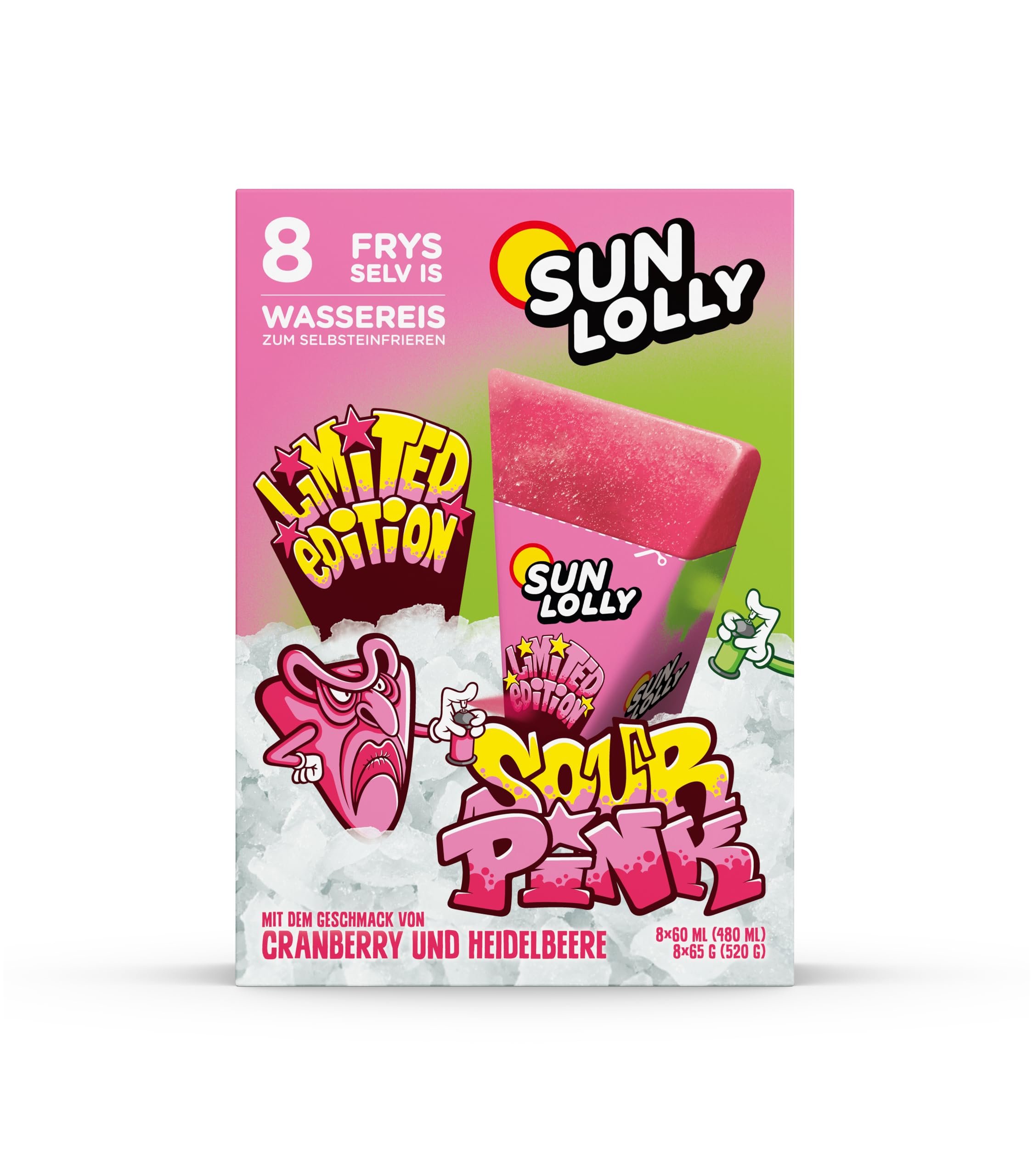 Sun Lolly Wassereis Sour Pink Cranberry & Heidelbeere 8 Stk | Limited Edition | Mit Fruchtsaft | Ohne künstliche Süßungsmittel | Glutenfrei