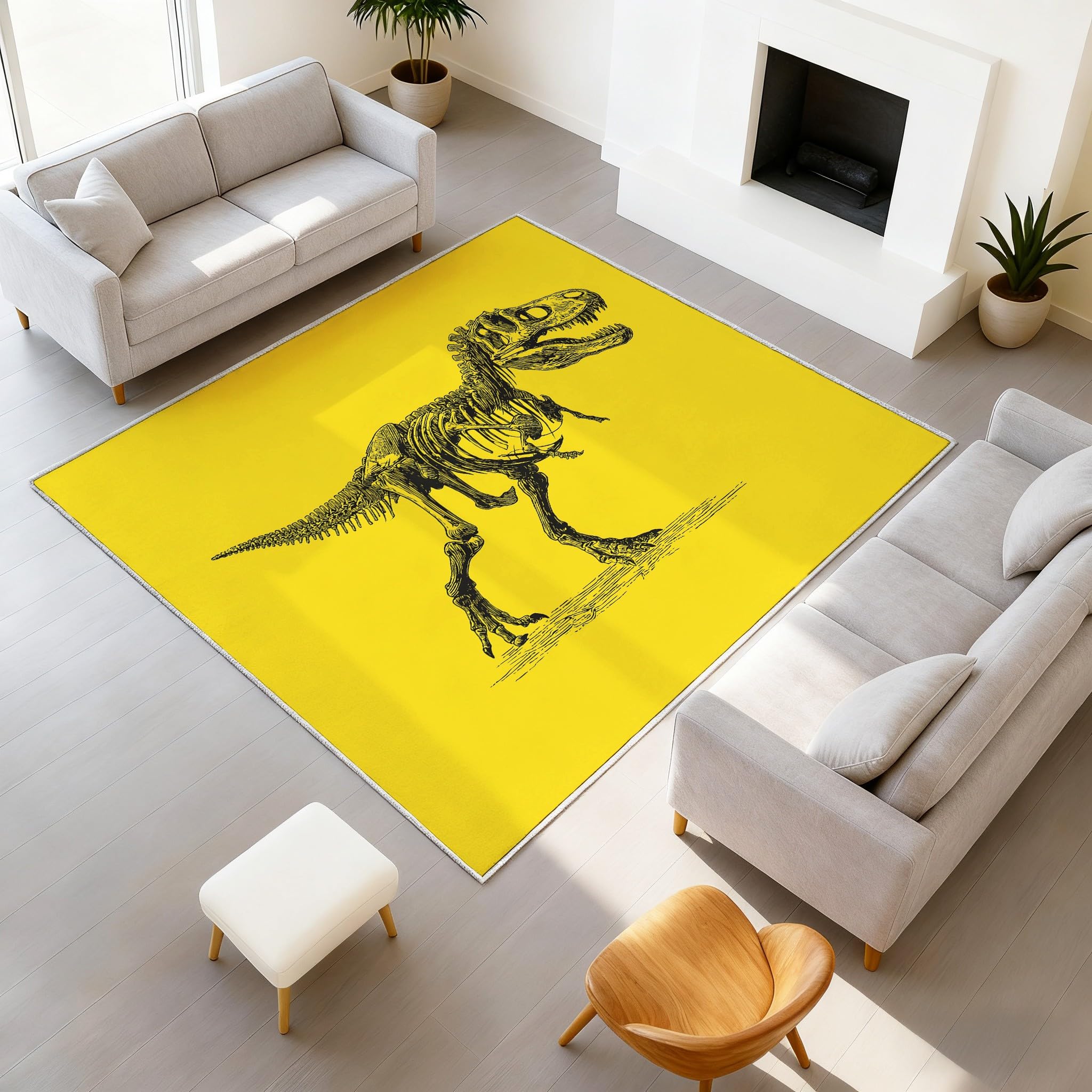 Manga komiks minimalistyczny antypoślizgowy dywan do salonu 120 x 160 cm oryginalne zwierzę, musztardowy żółty szkielet dinozaura wytrzymały dywan dekoracyjny, miękki dywan z krótkim włosiem do