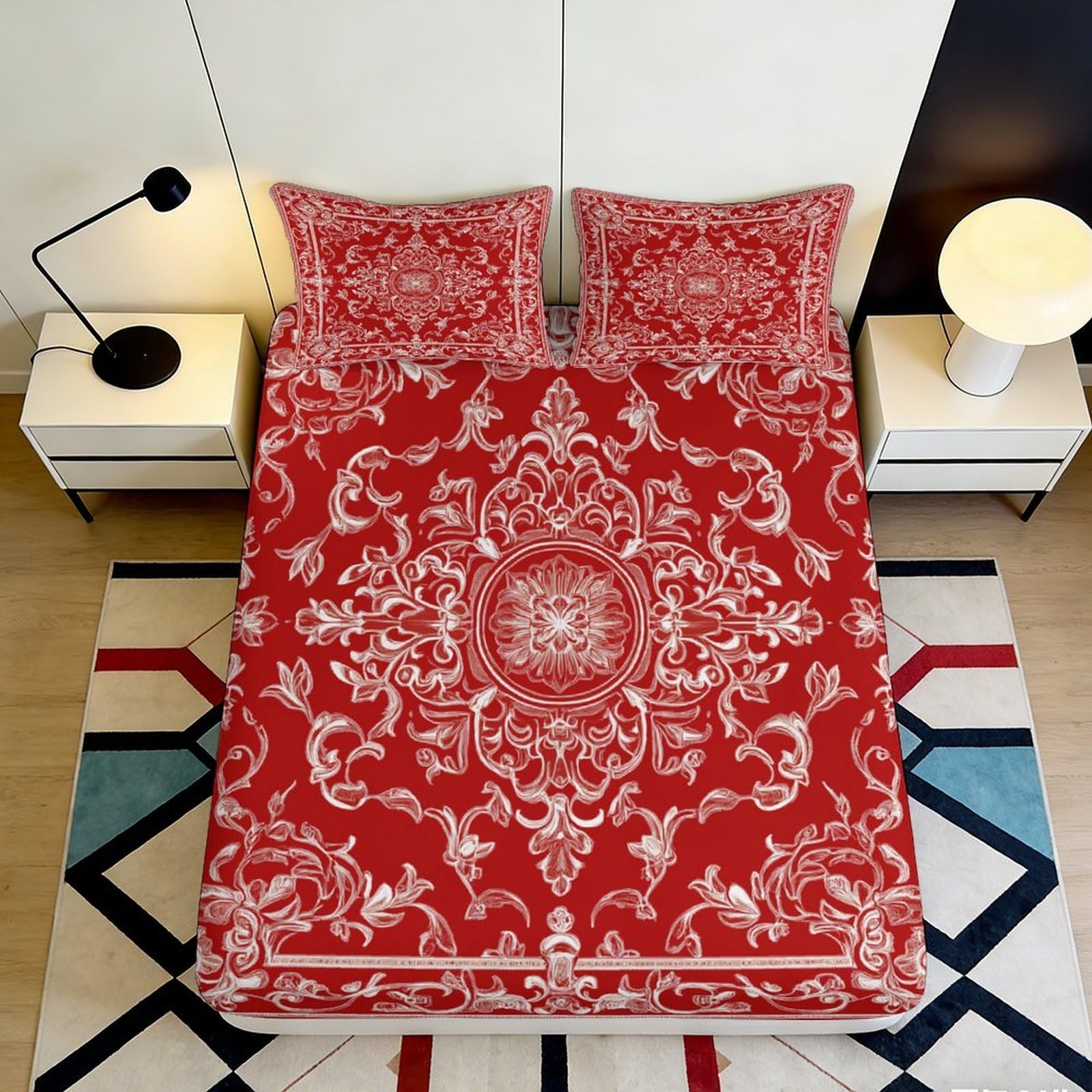 3D Printed Red Damask Fitted Sheet, Microfiber Soft Touch Mattress Cover, Home Bedroom Decor, Guest Room Bedding, Wrinkle Resistant, Easy Care, 118x200cm 90x200x25cm