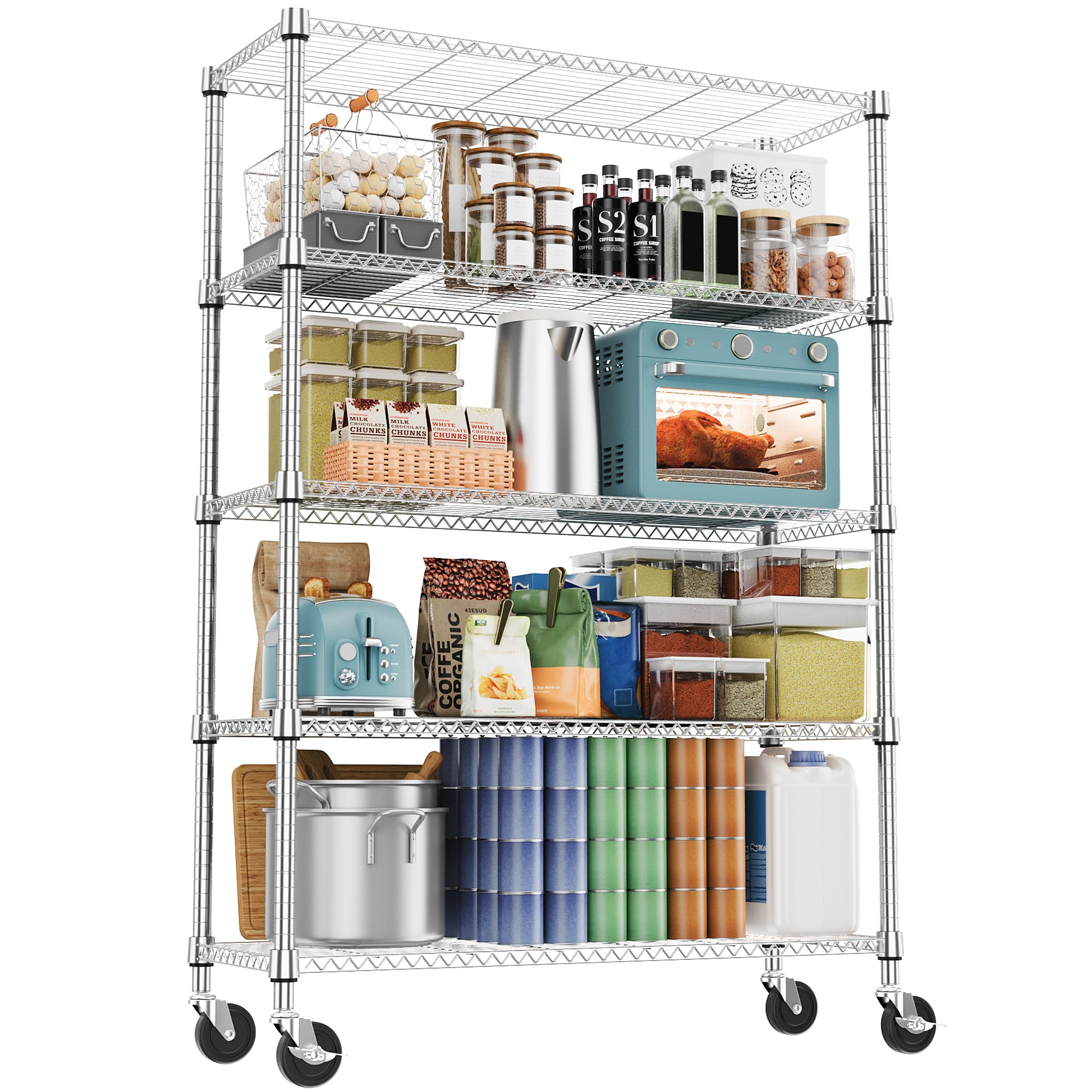 1750LBS 47 2 W 5 Tiers Storage Shelves Metal Shelving Unit with Wheels Heavy Duty Garage Shelving Adjustable