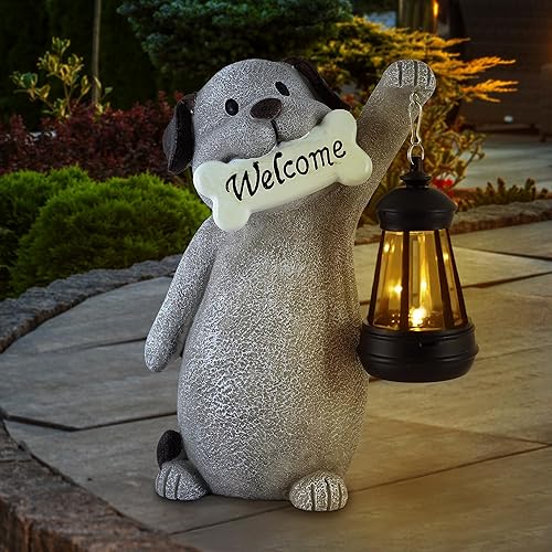 Miniatura 9 de Estatua solar de jardín para perros con luz de linterna, estatua de perro al aire libre de 9.2 pulgadas para decoración de patio, jardín, bonito