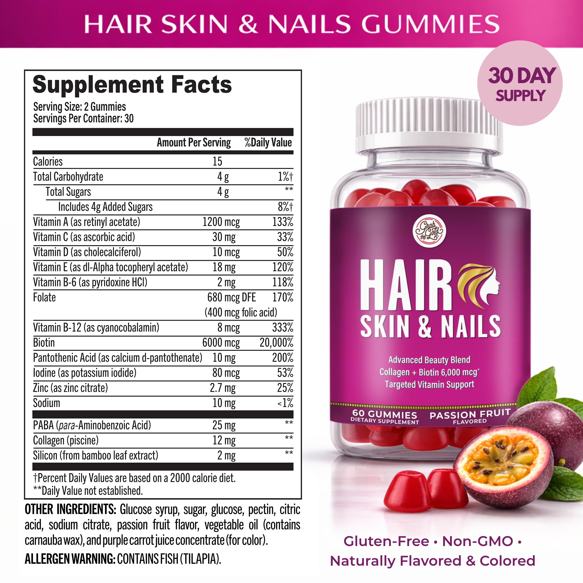 Grab The Gold Hair Skin & Nails Gummies Biotin Collagen Passion Fruit — Amazon image 11