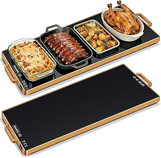 Electric Warming Tray (L 32"x12")，Food Warmers for Parties Buffet with Thermostat & Full Surface Heating, Tempered Glass Warming Mat for Food, Temperature Adjustable Gold Handles Food Warming Mat