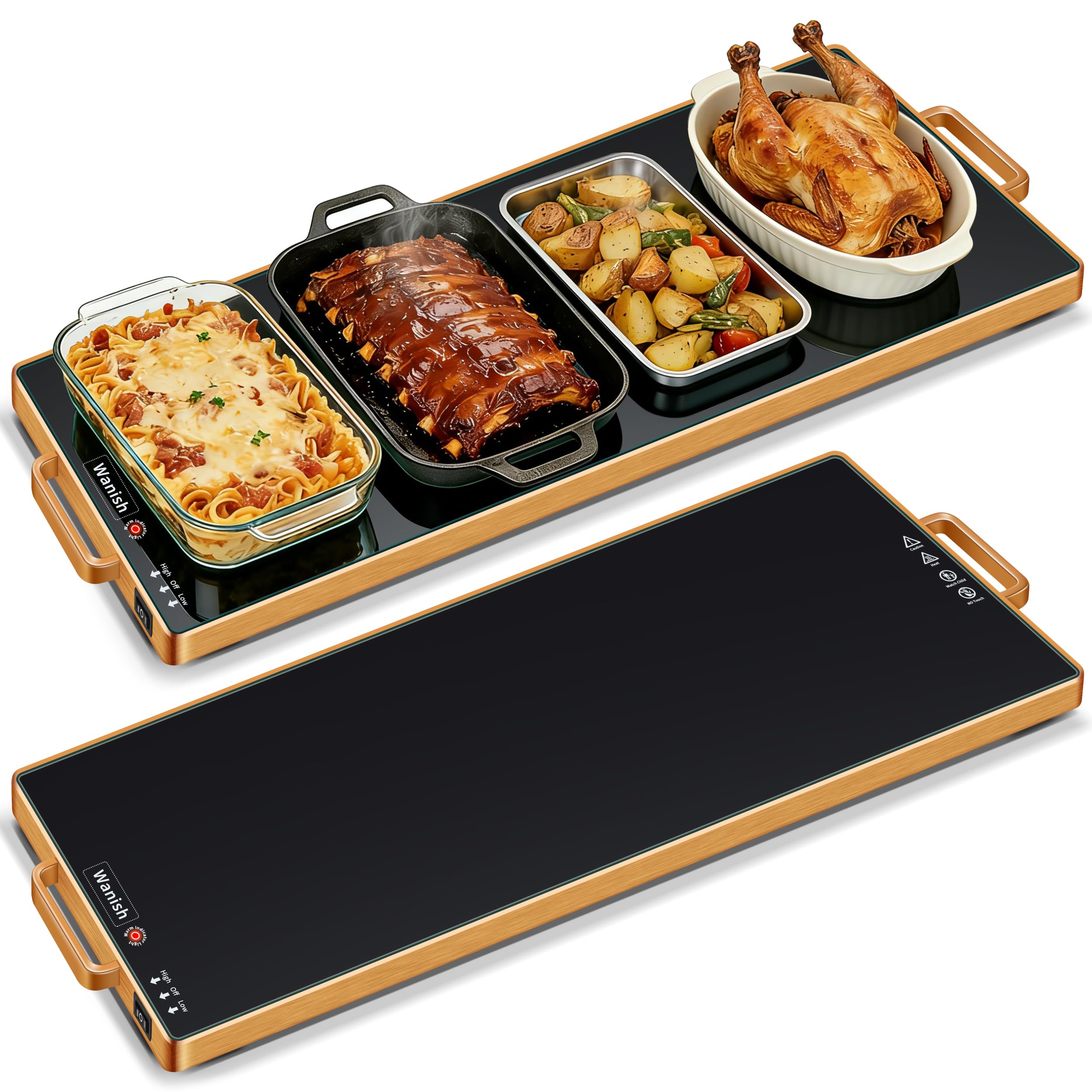 Electric Warming Tray (L 32"x12")，Food Warmers for Parties Buffet with Thermostat & Full Surface Heating, Tempered Glass Warming Mat for Food, Temperature Adjustable Gold Handles Food Warming Mat