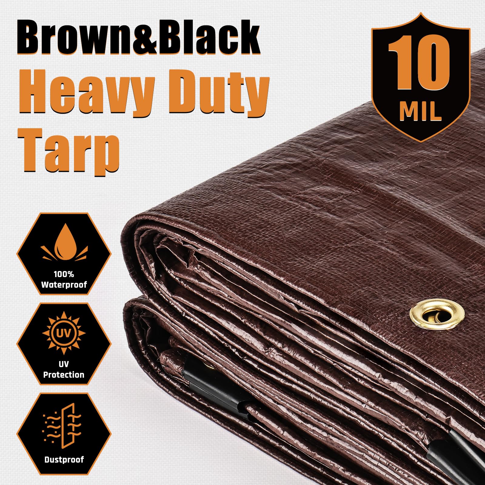 10x12FT Waterproof Tarp, Yumatum 10 Mil Heavy Duty Tarps with Reinforced Edges/Brass Grommets, 100% UV Blocking/Tear Resistant Poly Tarp for Camping, Patio, Tent, Boat(Brown/Black) - 3