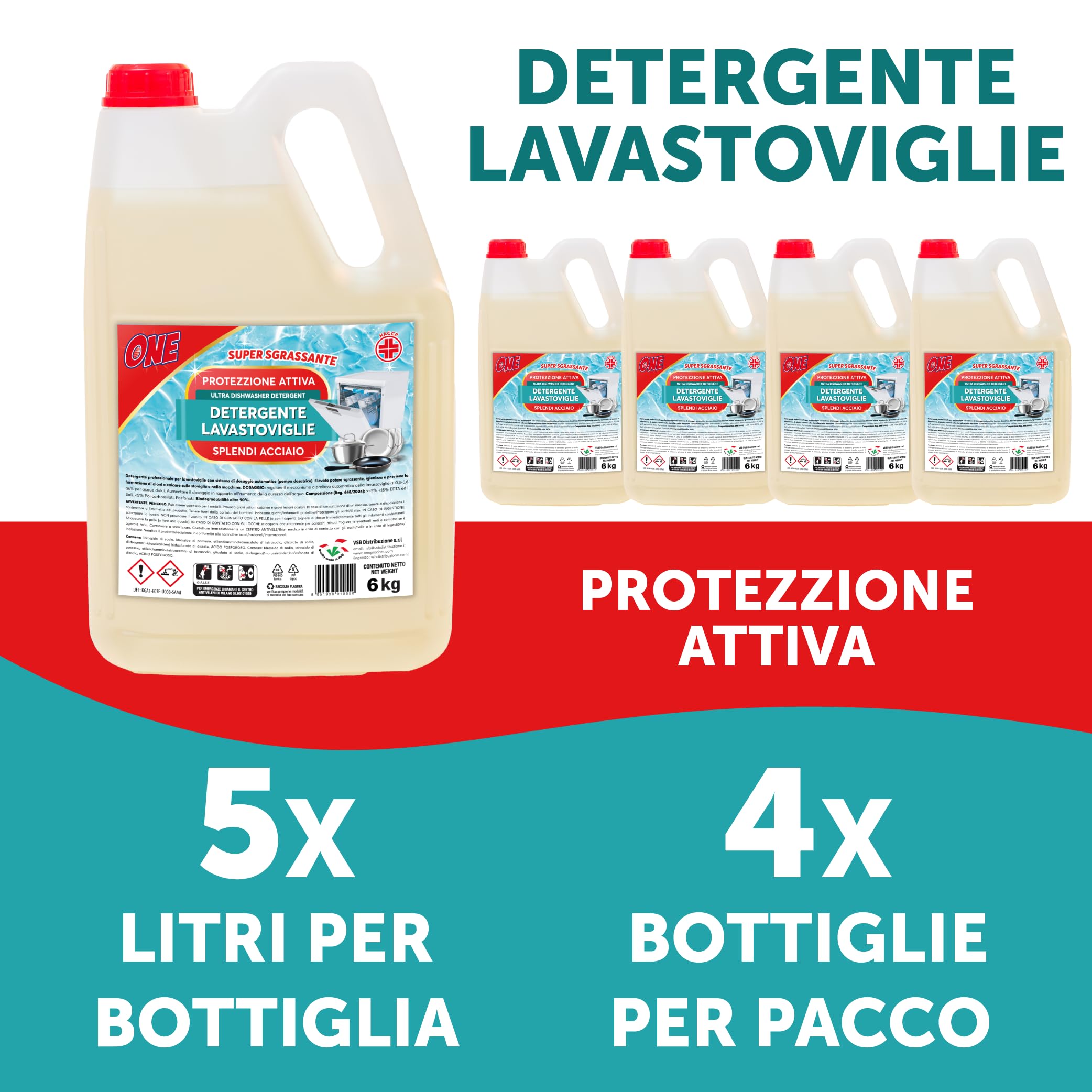 ONE 20 Litri di DETERGENTE SPECIFICO PER LAVASTOVIGLIE AD USO PROFESSIONALE Perfetta pulizia e brillantezza di vetro, acciaio, piatti (4 x taniche da 5 lt) Protezione Attiva Super Sgrassante