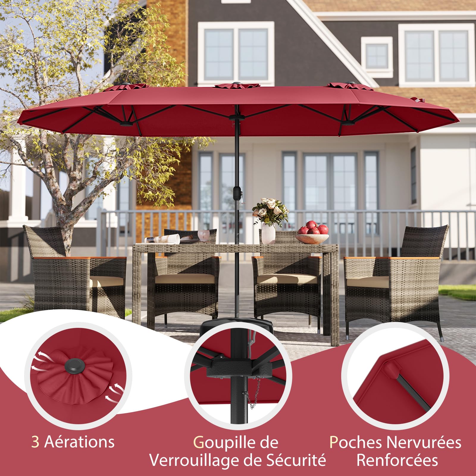 RELAX4LIFE Grand Parasol de Jardin Extérieur avec Pied | Parasol Double Terrasse à 12 Baleines | Manivelle | Polyester Résistant | Verrou de Sécurité | Protection UV pour Piscine Patio Marché,Bordeaux