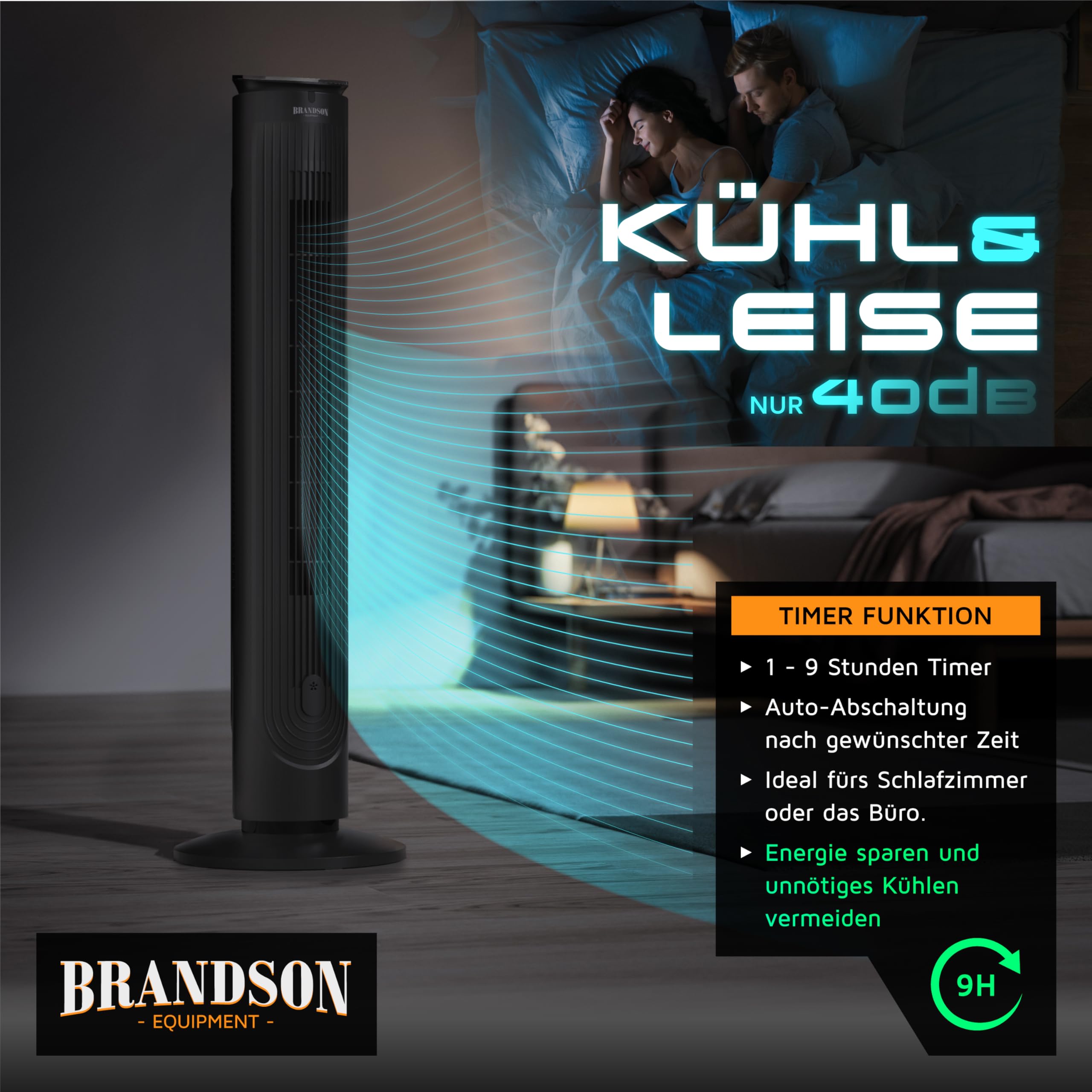 Brandson - Turmventilator mit Fernbedienung - Aromafach – sehr leise – Oszillation - Timer – 4 Modi – 5 Geschwindigkeitsstufen – LED Anzeige