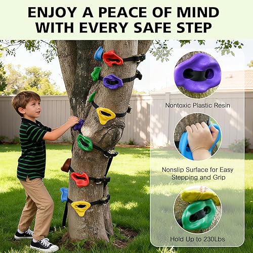 Vista 6 de 12 soportes de escalada de árboles ninja y cuerda de escalada de 6.56 pies para niños, kit de escalada de árboles para entrenamiento de carrera