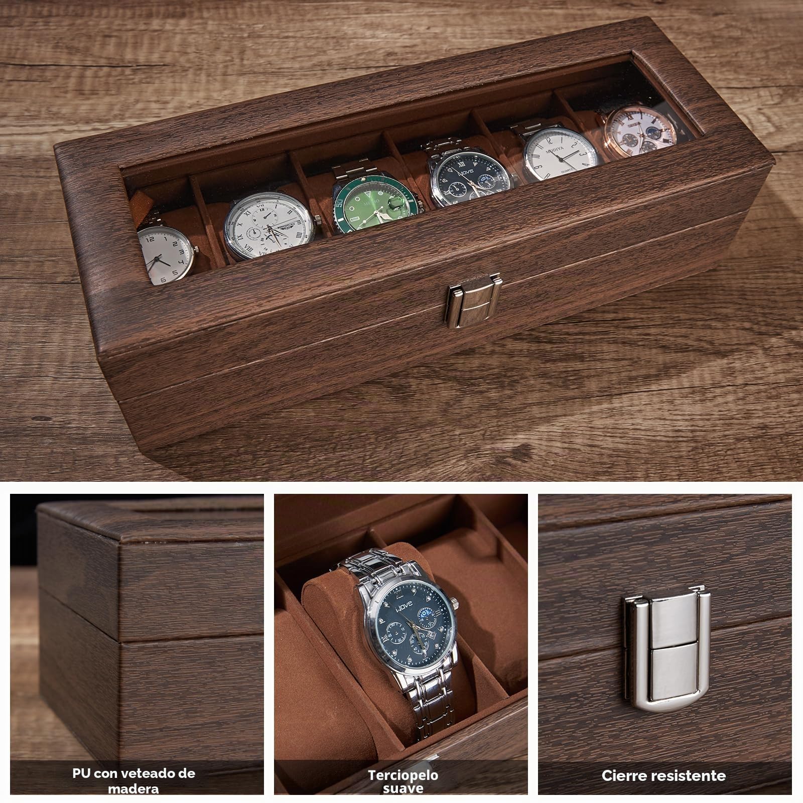 Ohuhu Caja Relojes con 6 Compartimentos, Caja para Relojes con Tapa de Cristal y Cojín Extraíble,Regalo para Cumpleaños Día del Padre Navidad