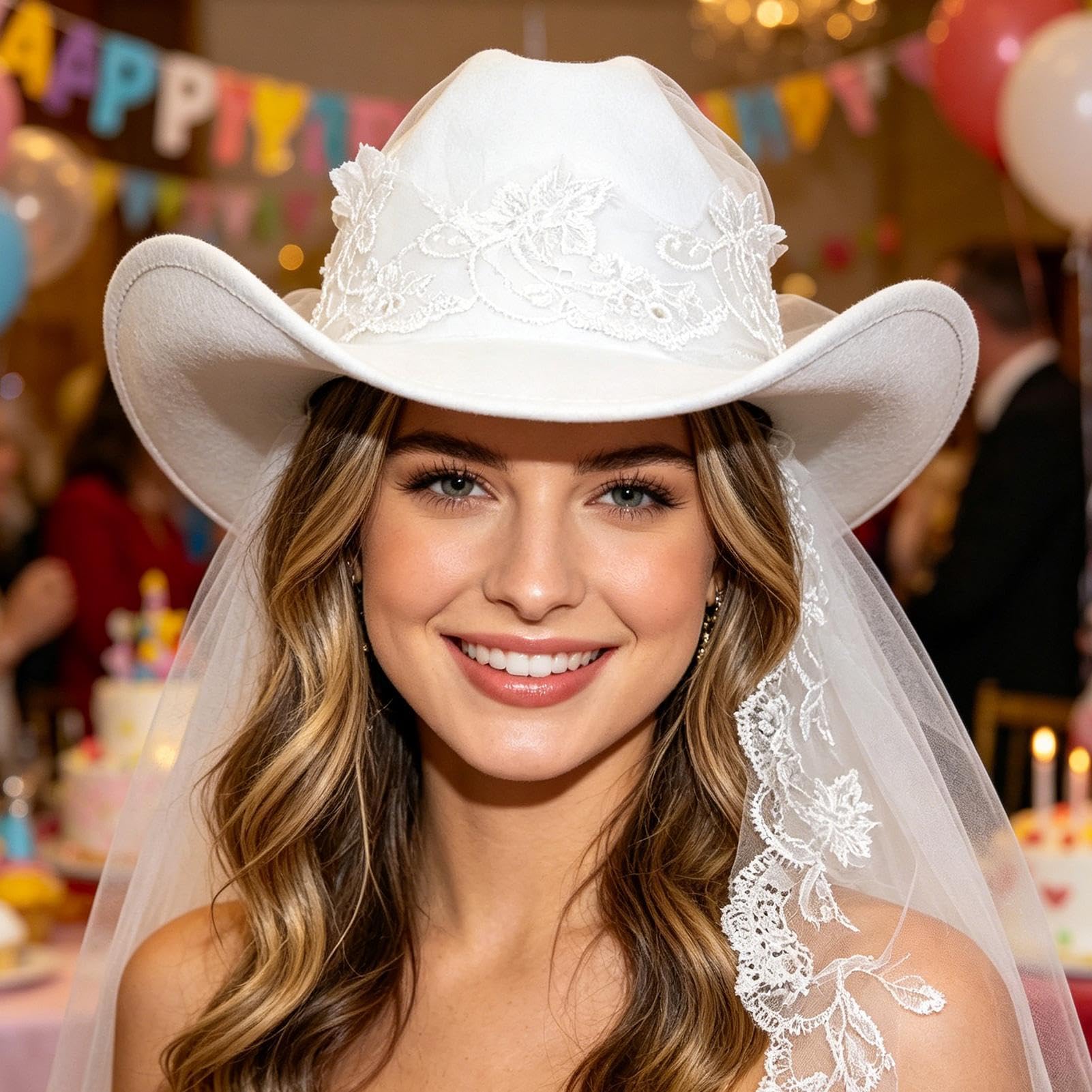 Cappello da Cowgirl da Sposa con Velo per Addio al Nubilato Copricapo | Cappello da Cowboy Nuziale per Compleanni Ragazze Festa Vestito Doccia Donne Spiaggia Matrimoni Estivi