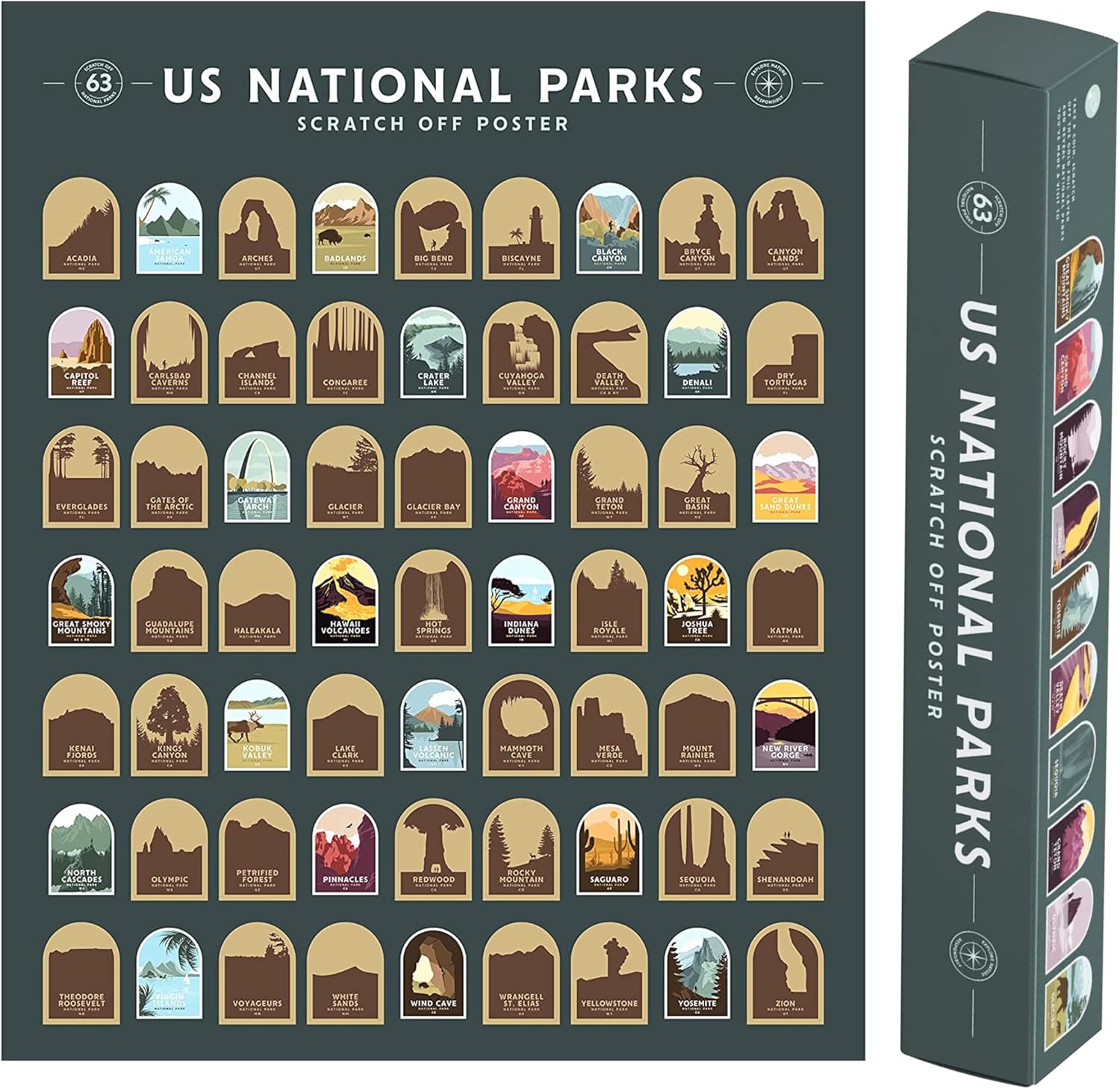 Scratch off poster map showing all 63 US National Parks for tracking adventures