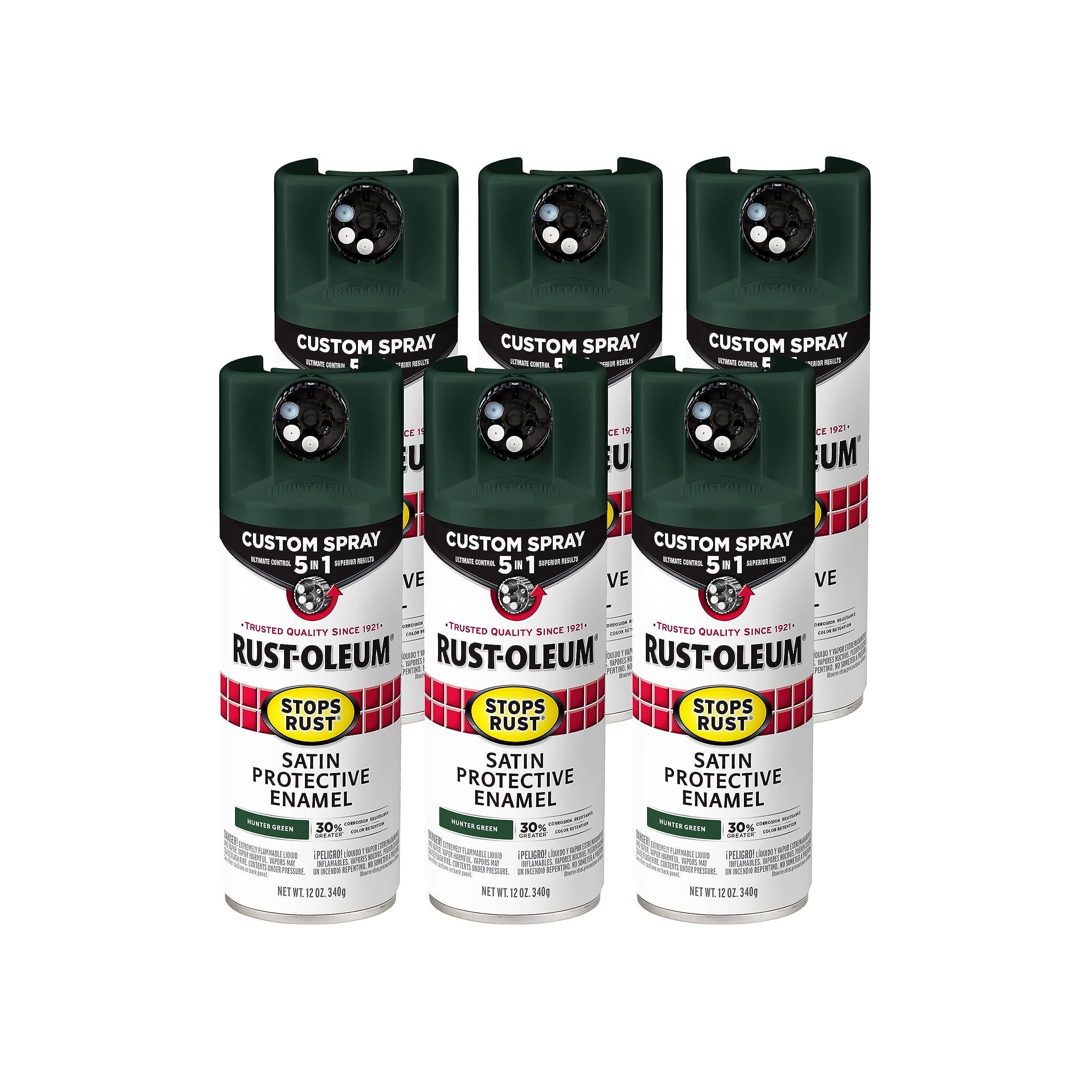 Rust-Oleum 376874-6PK Stops Rust Custom Spray 5-in-1 Spray Paint, 12 oz, Satin Hunter Green, (Pack of 6)
