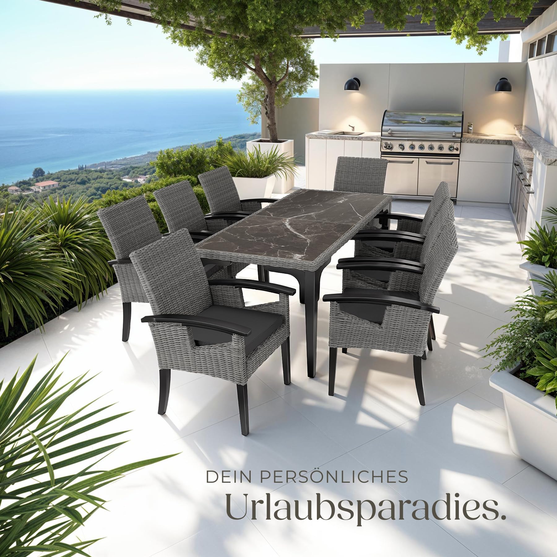 tectake® Alu Rattan Tisch, Esstisch für Outdoor Küche, Terrasse, Wohnzimmer mit Tischplatte in Marmor Optik, Gartentisch, Balkontisch 196 x 87 x 76 cm, 2 abnehmbare Platten, wetterfest - grau