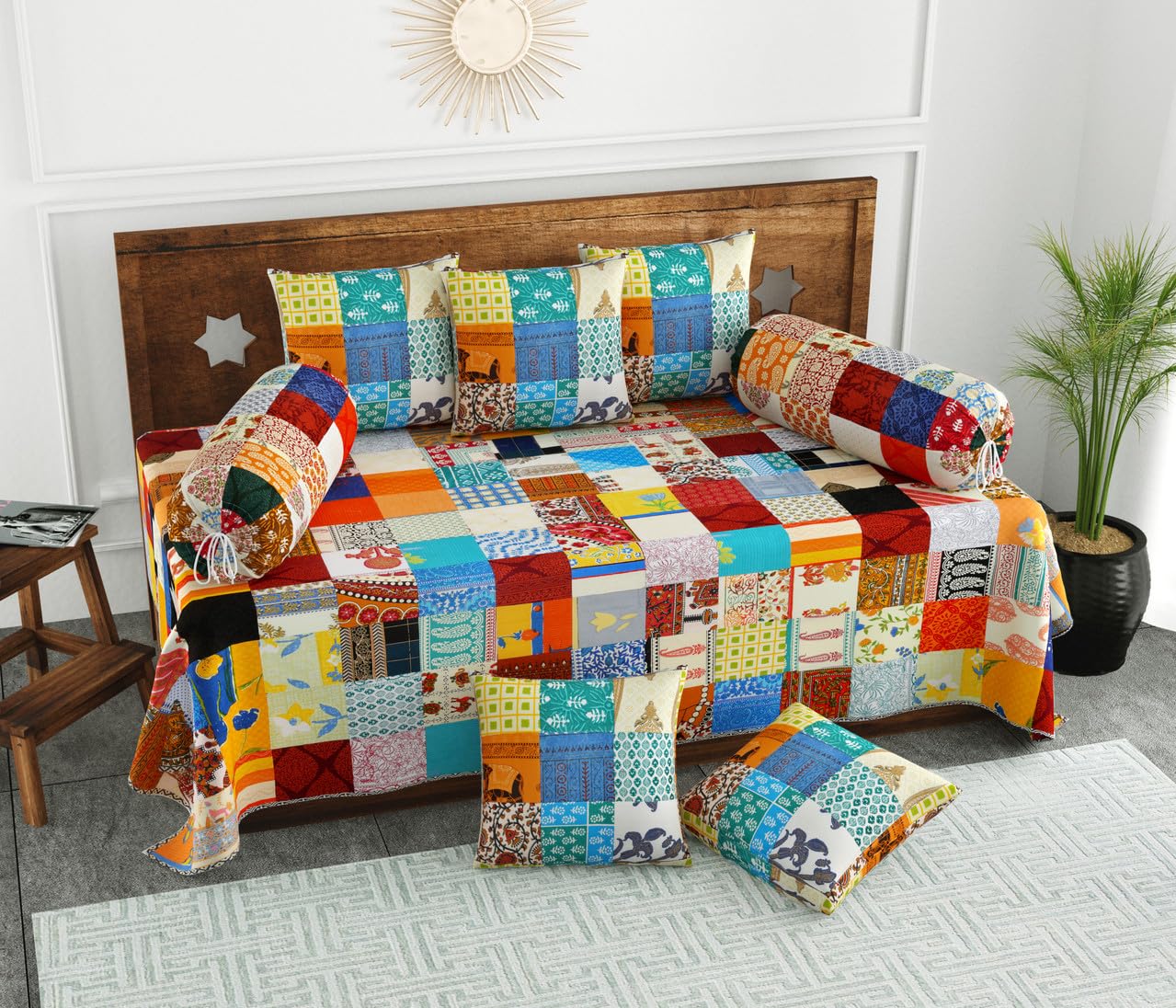 Pure Cotton Diwan Set 8 Piece, Multicolor Ethnic Patchwork, Jaipuri Handcrafted Print, 1 Bedsheet 2 Bolster 5 Cushion Covers, Traditional Diwan Set for Living Room Hall-image-27