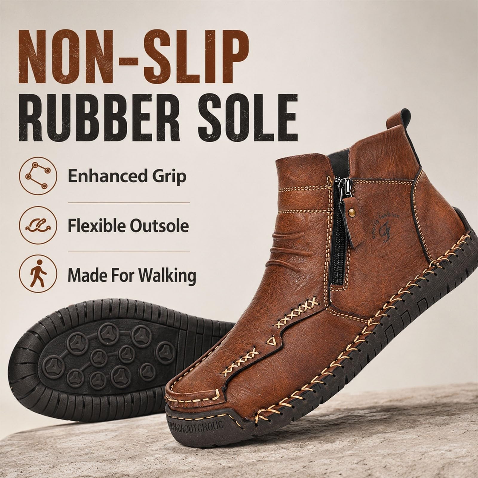 Pumio Chaussures de randonnée en Cuir Faites à la Main for Hommes | Fermeture éclair latérale, doublure polaire chaude, semelle en caoutchouc flexible, for la conduite(Black,37EU)