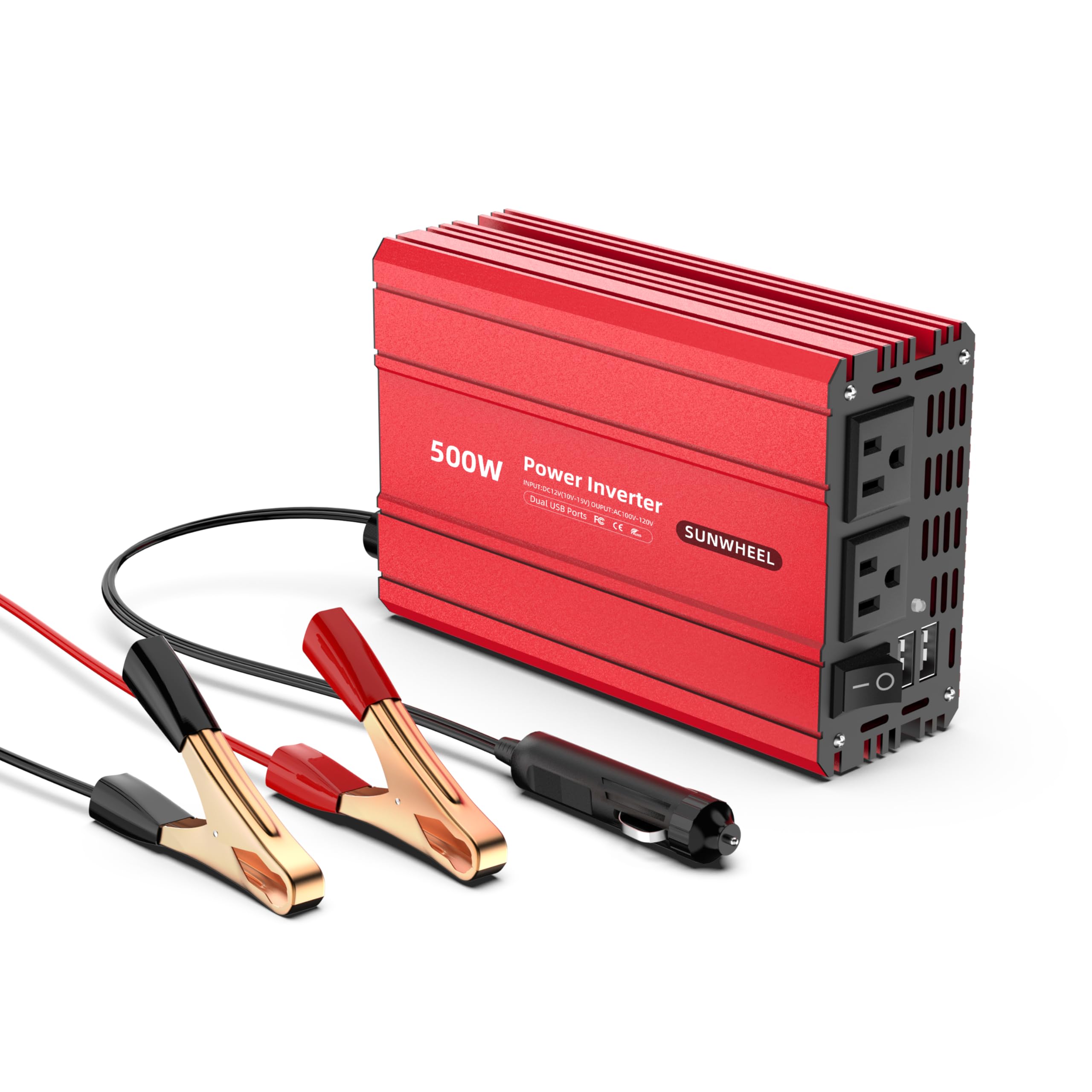 SUNWHEEL 500W Power Inverter DC 12V to 110V AC Car Inverter with 2 x 3.1A USB Ports and Dual AC Outlet, Equipped with 1 Cigarette Lighter and 2 Battery Clamps for Road Trip and Camping