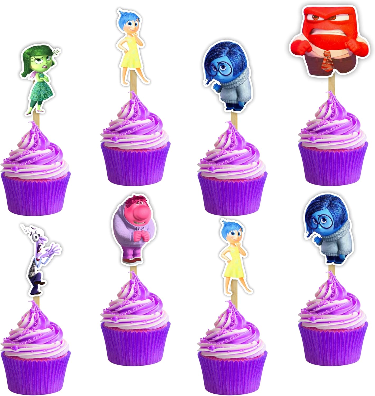 Insde Outt 2 Cupcake Toppers, Cartoon Style Dessert Decorations for Birthday Celebrations, Colorful Printed Cupcake Picks with Fun Character Design for Party Cake Display